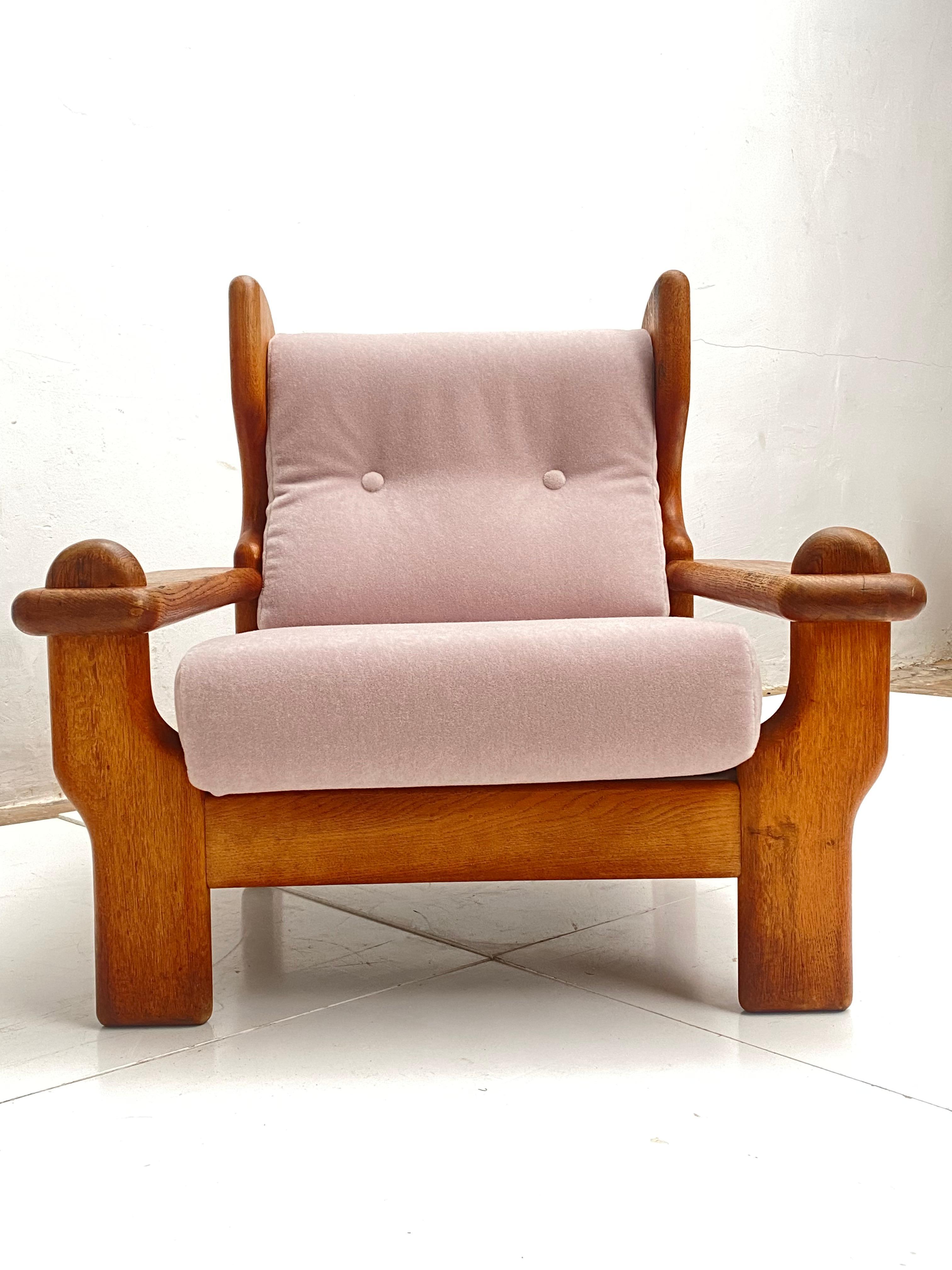 Impressive Brutalist Rustic Oak Lounge Chair Belgium 1970's, New Mohair Velvet  For Sale 1
