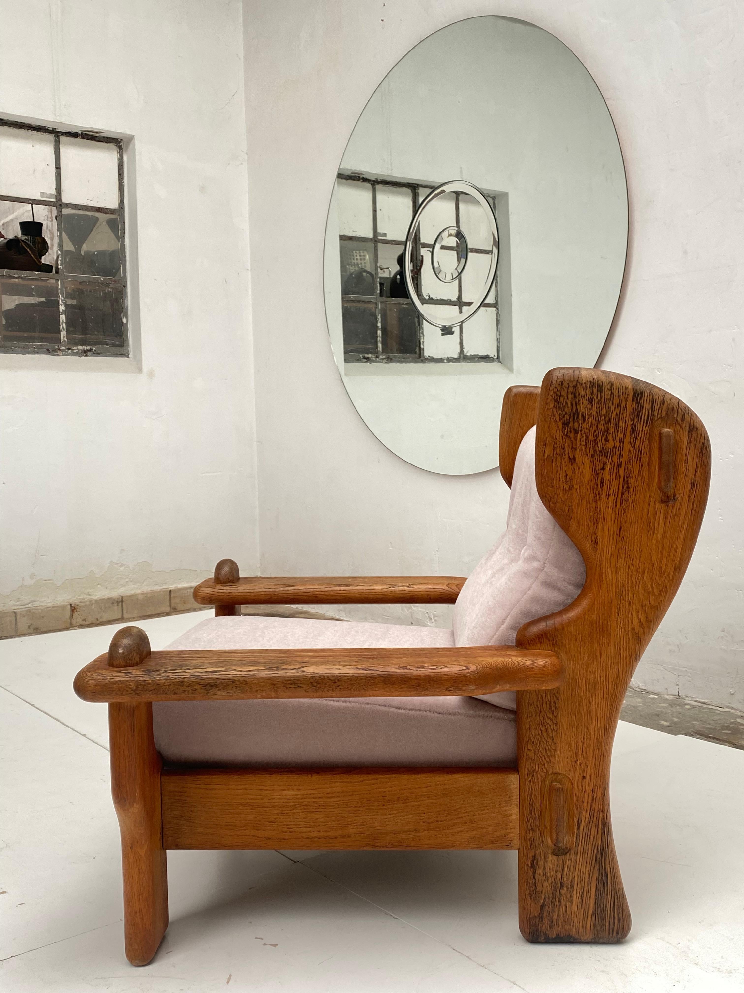 Impressive Brutalist Rustic Oak Lounge Chair Belgium 1970's, New Mohair Velvet  For Sale 3