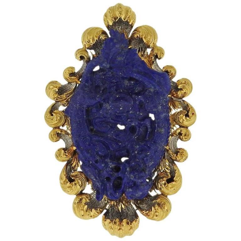 Women's Impressive Buccellati Gold Carved Lapis Brooch Pin For Sale