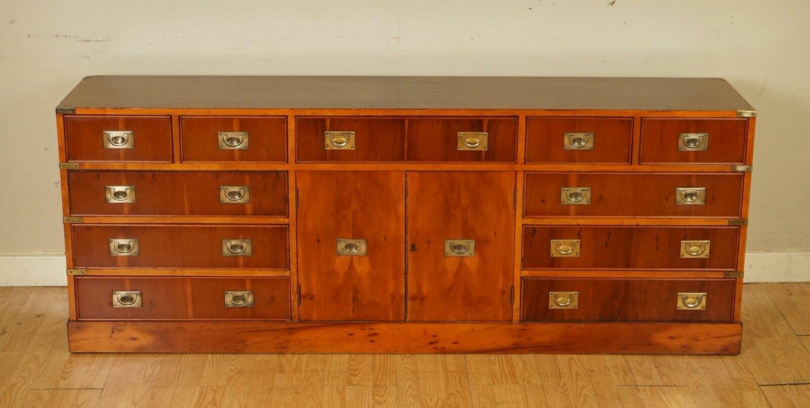 British Impressive Burr Yew Wood & Brass Military Campaign Sideboard Chest of Drawers