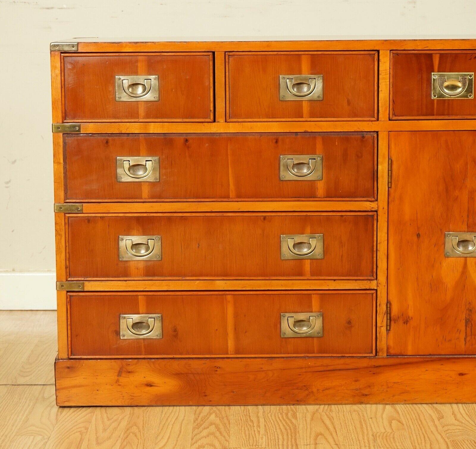 Hand-Crafted Impressive Burr Yew Wood & Brass Military Campaign Sideboard Chest of Drawers