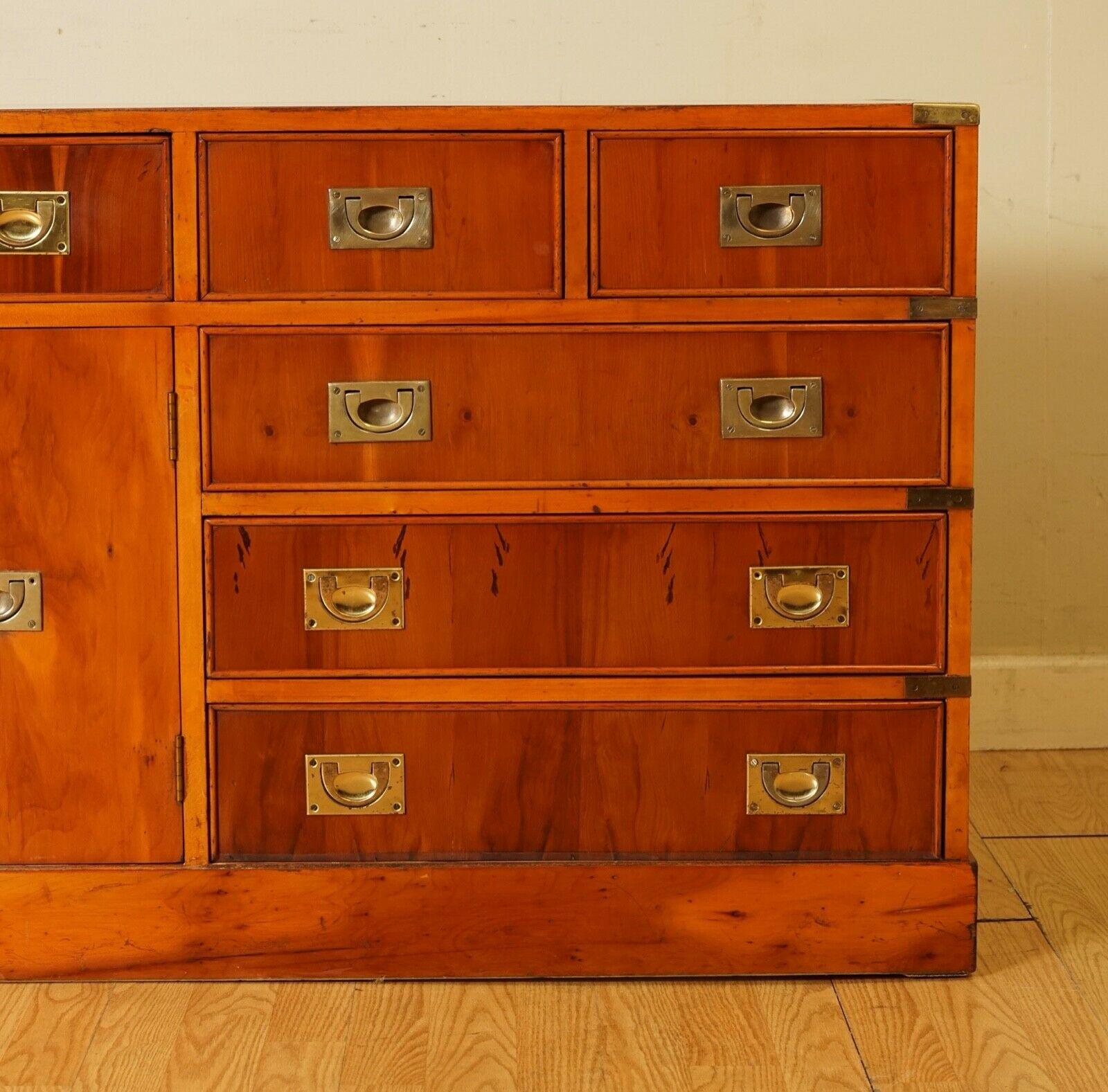 Impressive Burr Yew Wood & Brass Military Campaign Sideboard Chest of Drawers 1