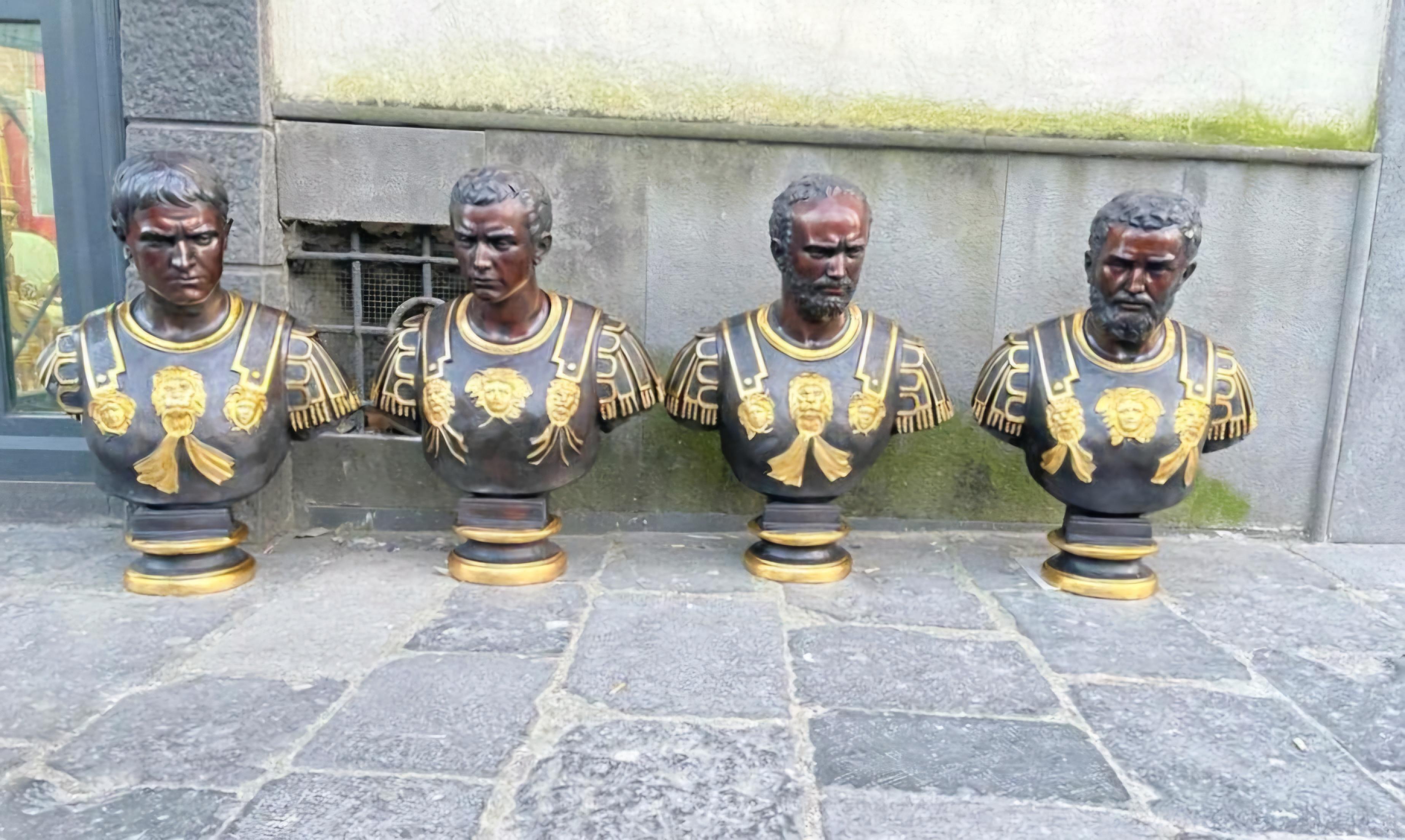 We present to you a unique set of four Roman emperor busts, made of patinated and gilded bronze. Each bust measures 85 cm in height, offering an imposing and majestic presence. Made in the 1950s, these busts are in excellent condition, ideal for