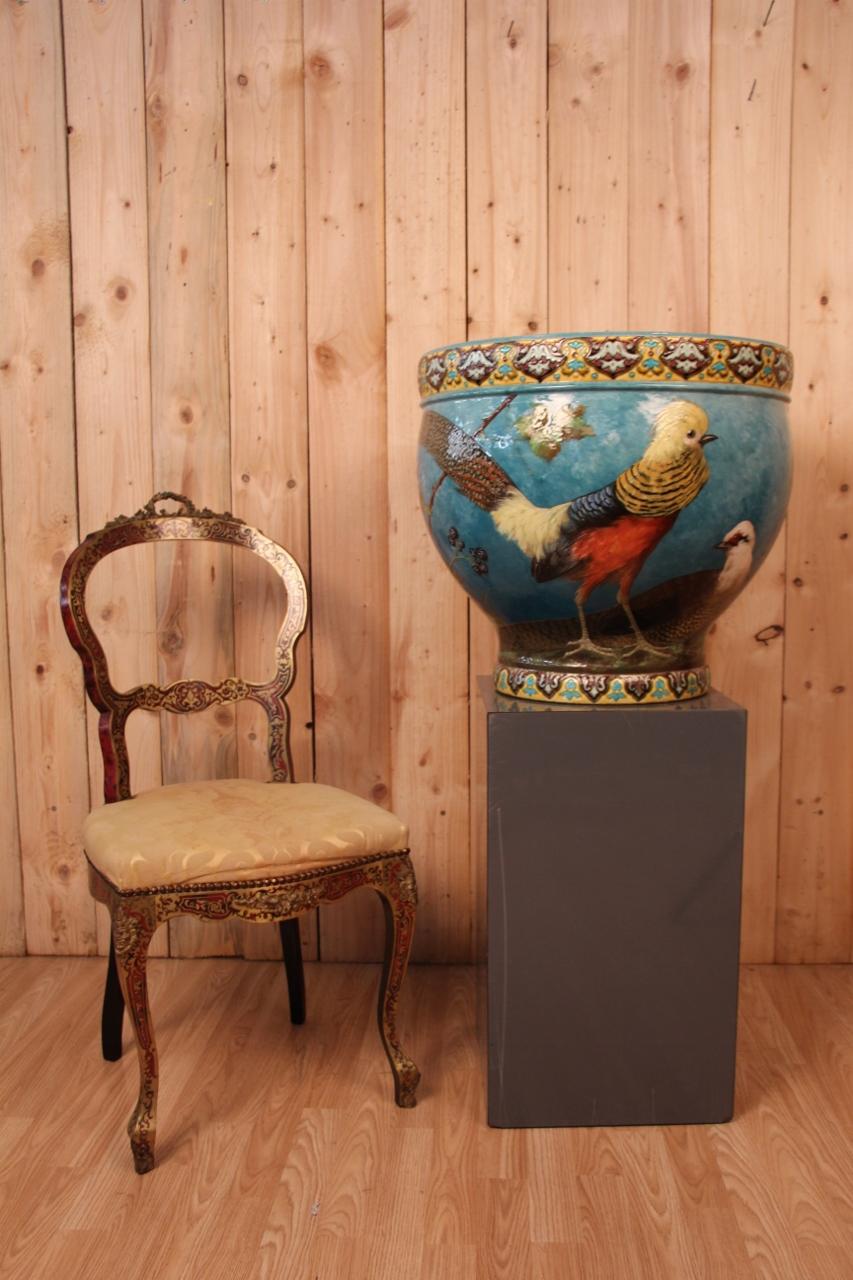 important earthenware plant pot with polychrome enameled decoration of mulberry branches, mushrooms and a couple of pheasants signed in the decoration, superb decorative model! cracks of origin from cooking reported inside