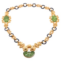 Impressive Carved Jade Onyx Gold Long Necklace