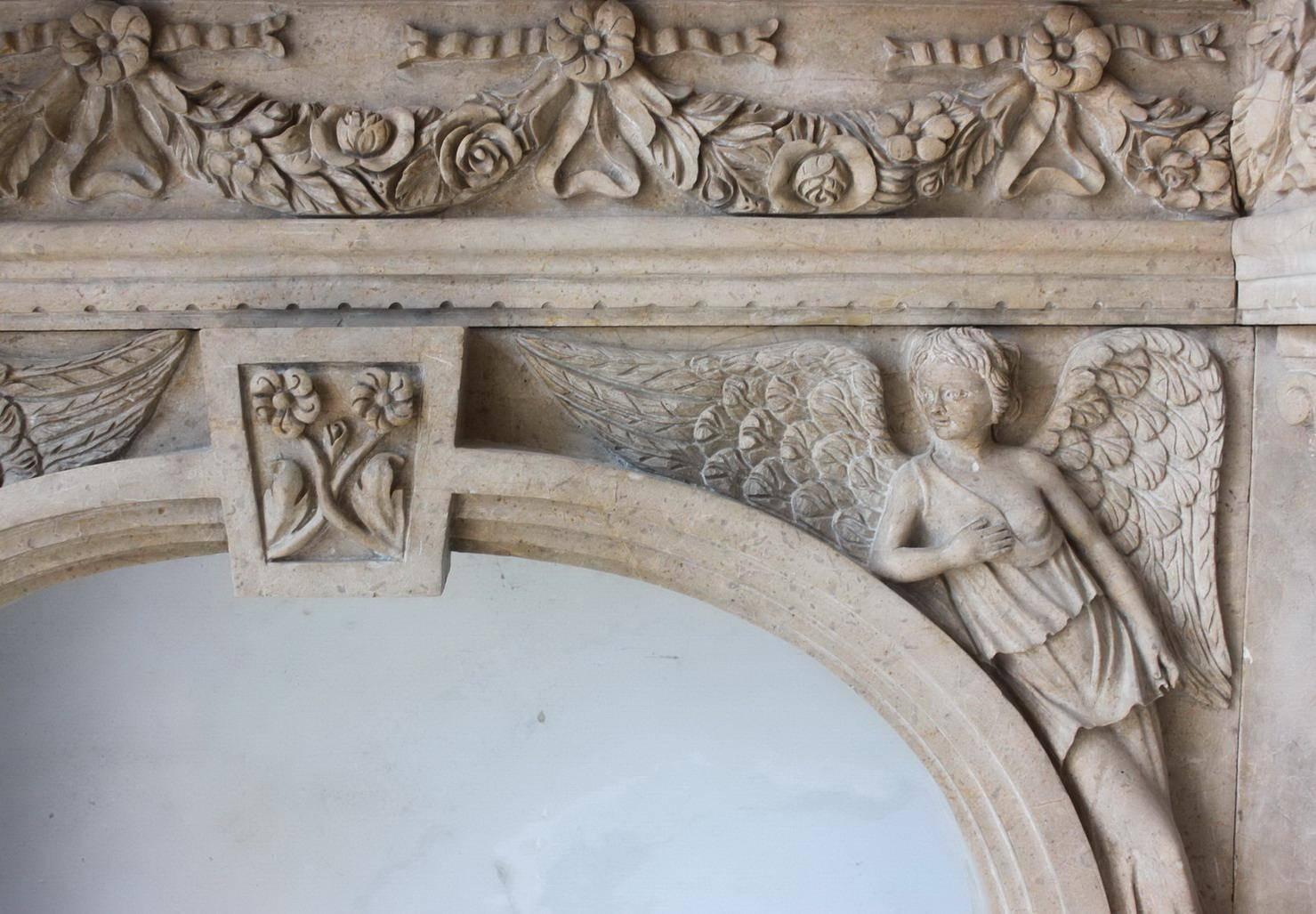 Measures: Width 204 cm 80 1/4 in
depth 35 cm 13 3/4 in
height 150 cm 59 in
opening 99 x 89 (H) cm 39 x 35 (h) in




Composition carved beige stone
Style period style.




Finely carved impressive antique style fire surround

N.B.