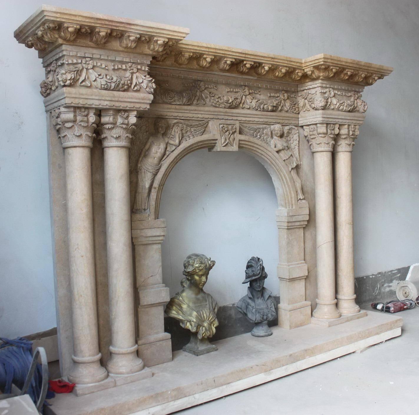 20th Century Impressive Carved Stone Period Style Fire Surround and Hearth For Sale