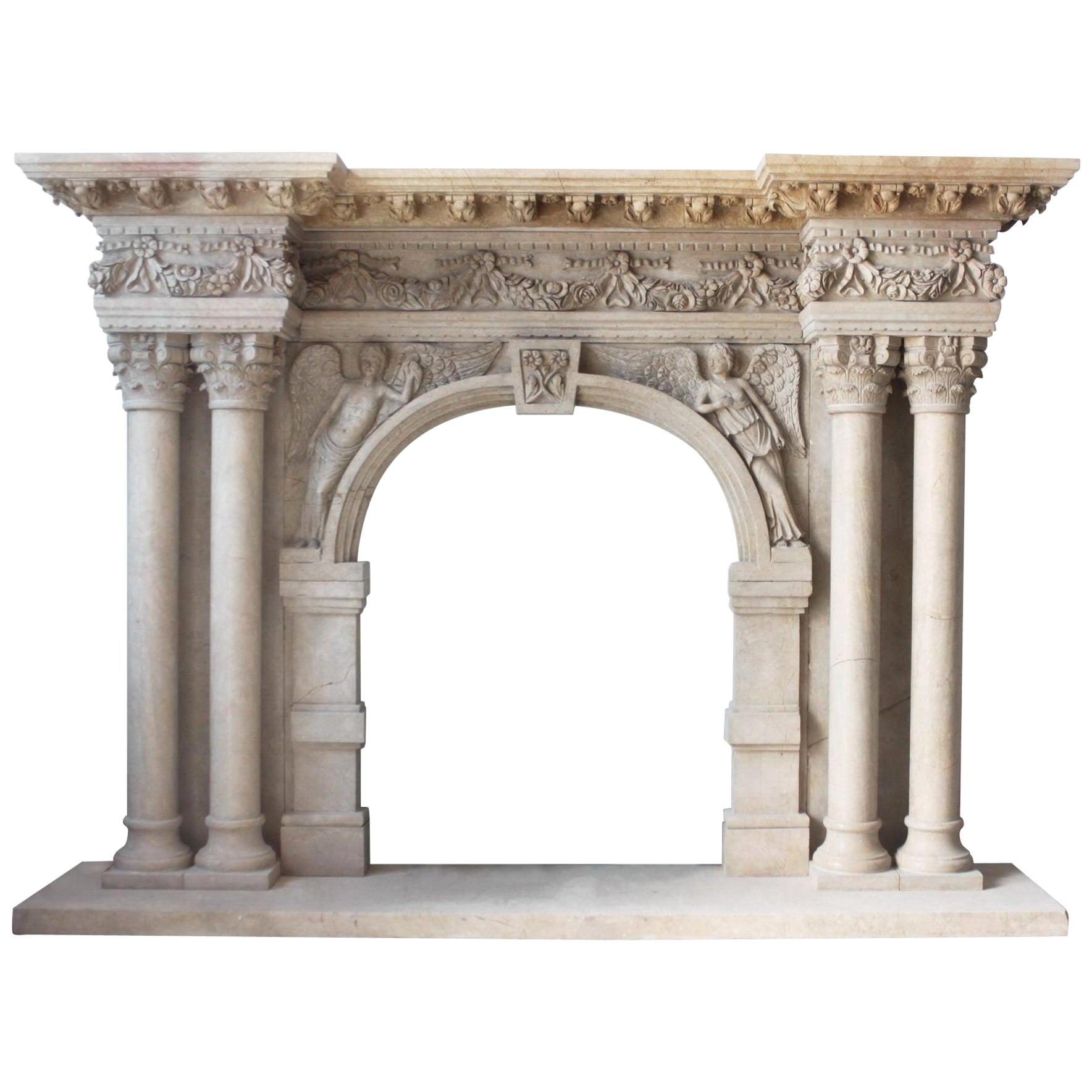 Impressive Carved Stone Period Style Fire Surround and Hearth For Sale
