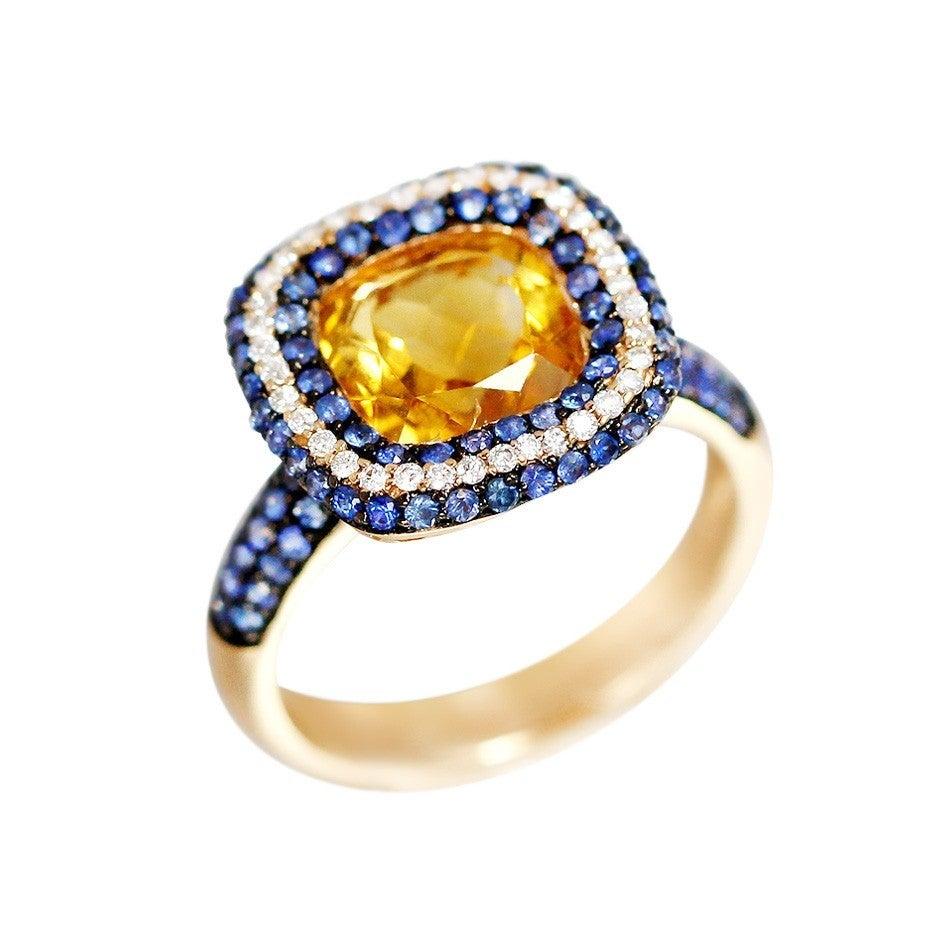 For Sale:  Ukrainian Colours Citrine Blue Sapphire Diamond Yellow Gold 18 Karat Ring 2