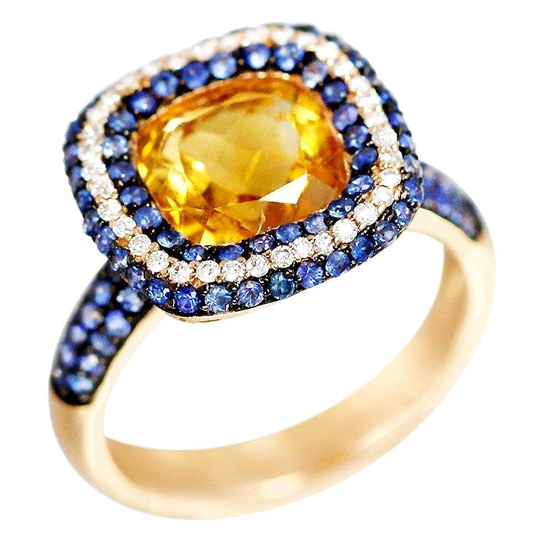 For Sale:  Ukrainian Colours Citrine Blue Sapphire Diamond Yellow Gold 18 Karat Ring