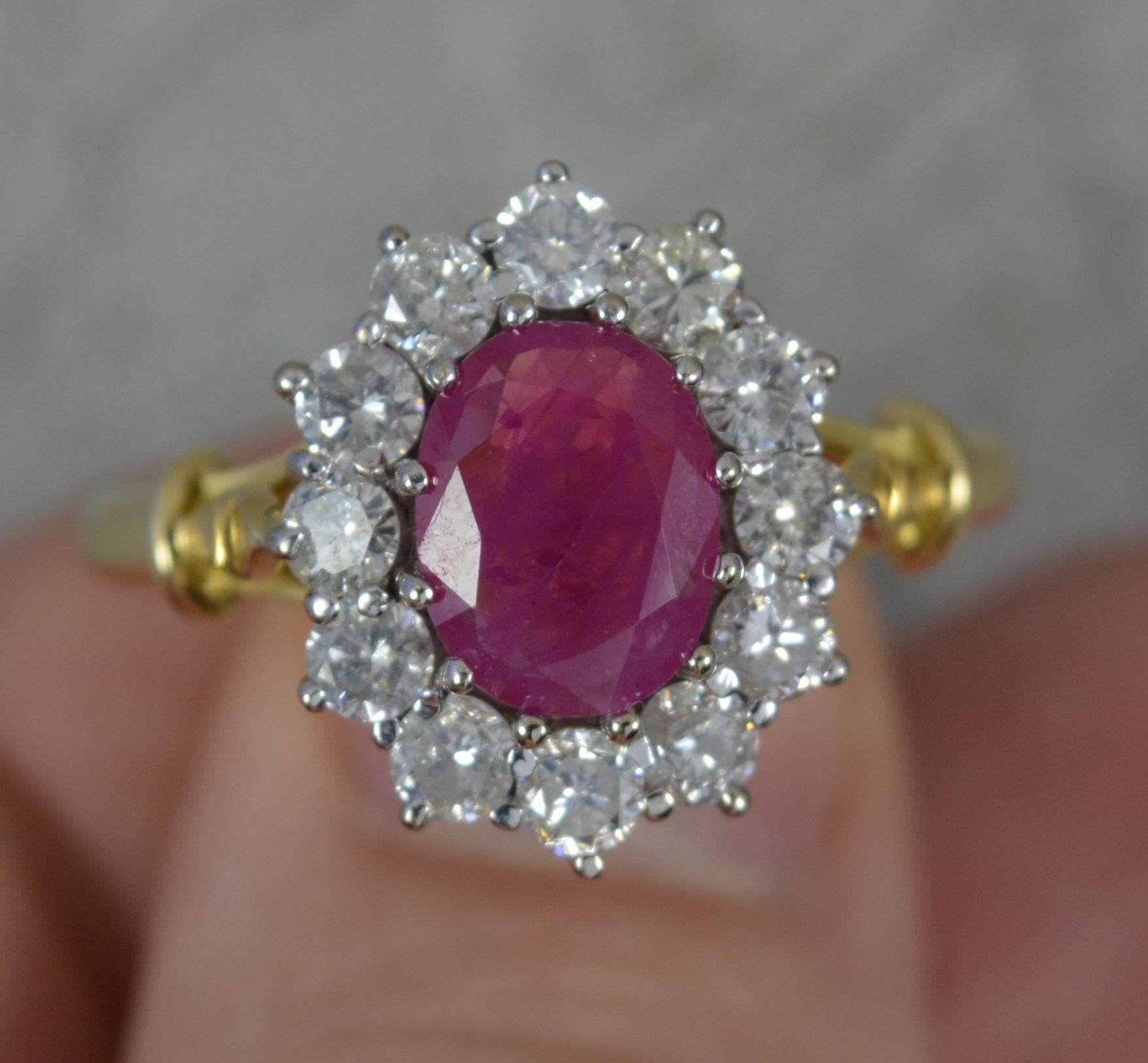 Impressive Classic 1.8ct Ruby and 1.2ct Diamond 18 Carat Gold Cluster Ring For Sale 1