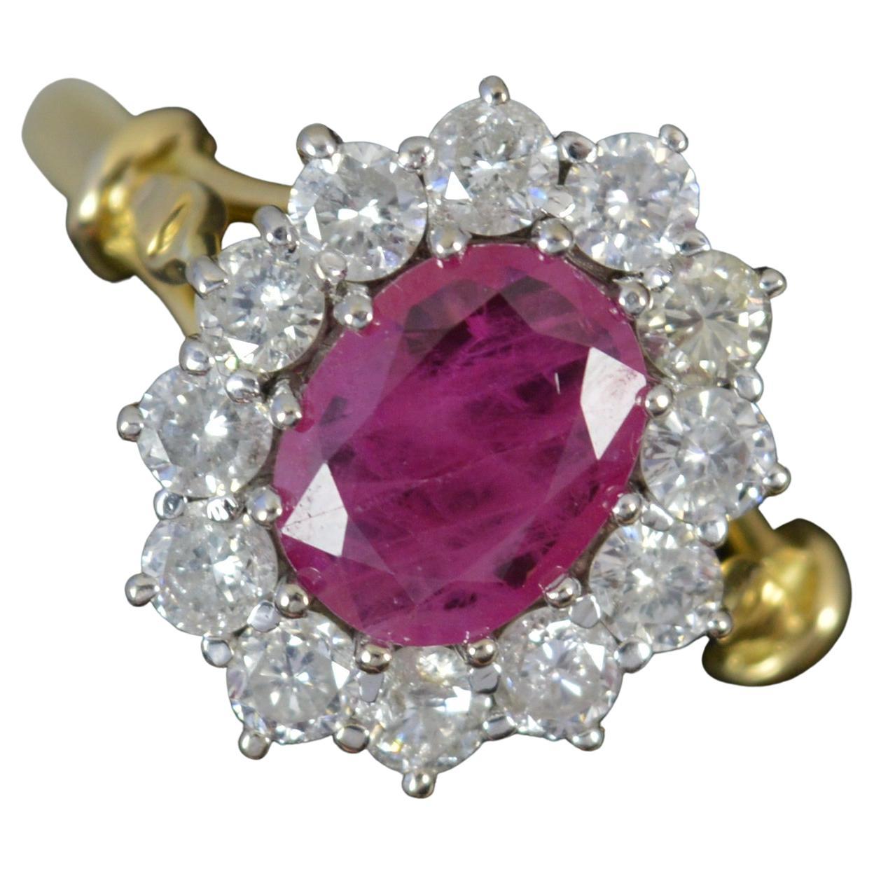 Impressive Classic 1.8ct Ruby and 1.2ct Diamond 18 Carat Gold Cluster Ring For Sale