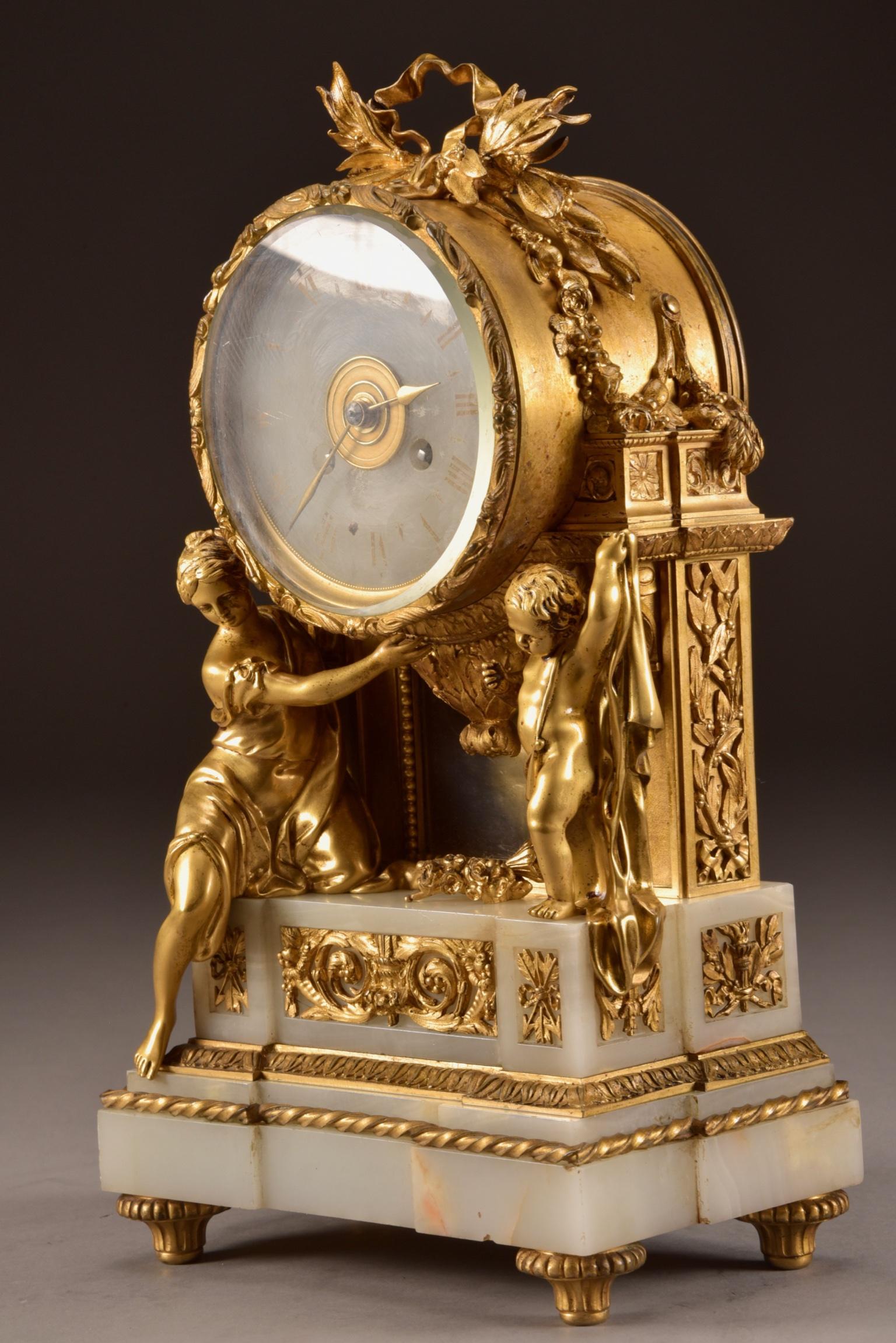 Impressive Clock, Image of a Beautiful Woman and Cherub Carrying a Clock For Sale 4