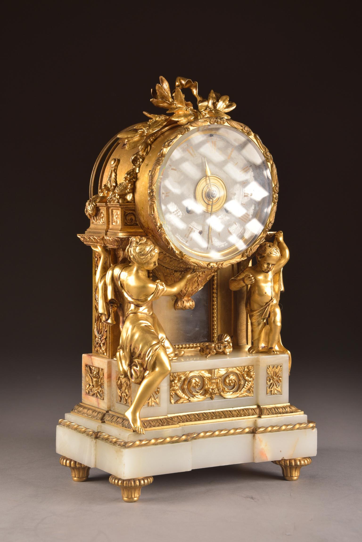 Louis XVI Impressive Clock, Image of a Beautiful Woman and Cherub Carrying a Clock For Sale