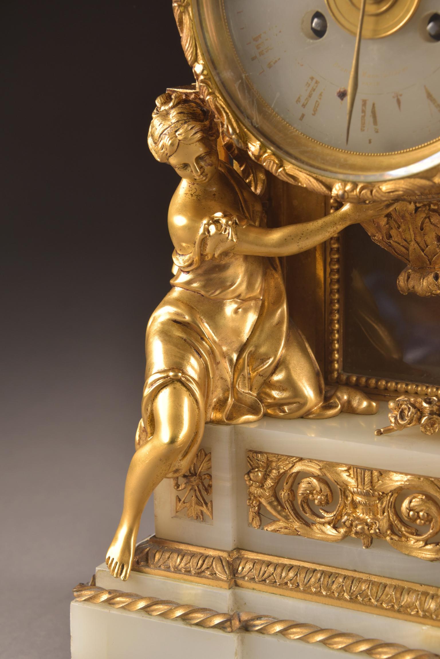 French Impressive Clock, Image of a Beautiful Woman and Cherub Carrying a Clock For Sale