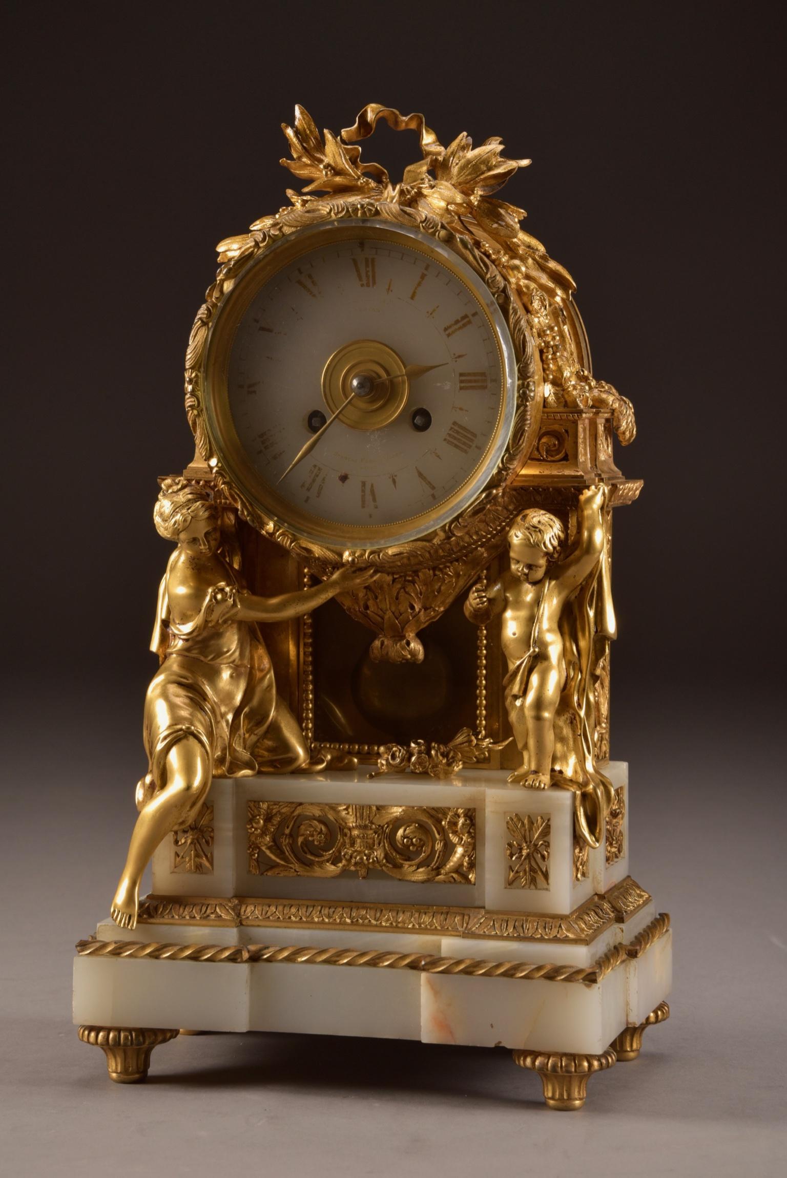 19th Century Impressive Clock, Image of a Beautiful Woman and Cherub Carrying a Clock For Sale