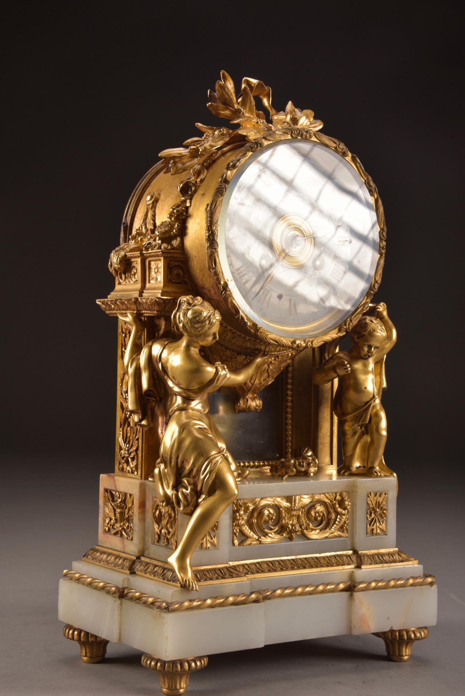 Bronze Impressive Clock, Image of a Beautiful Woman and Cherub Carrying a Clock For Sale
