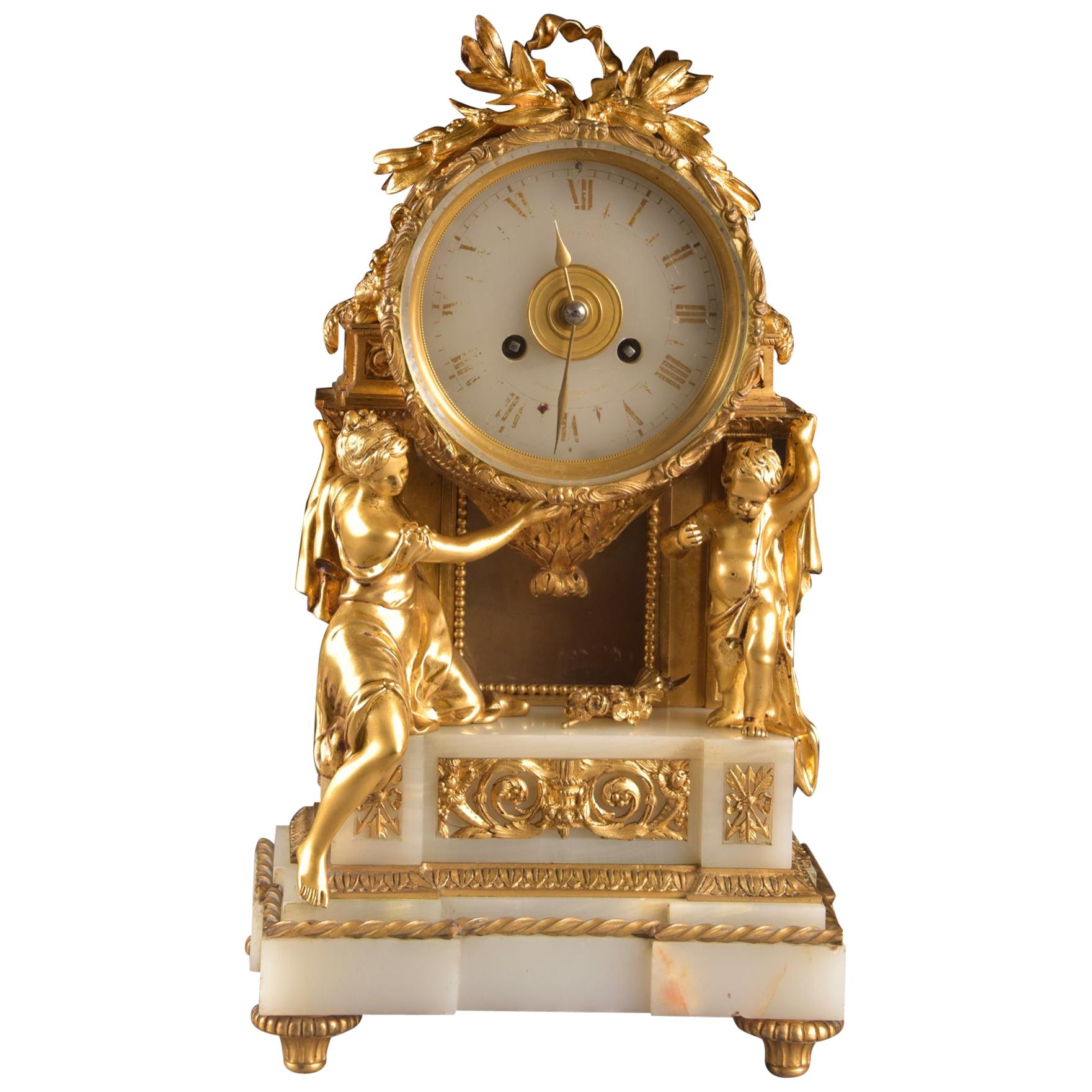 Impressive Clock, Image of a Beautiful Woman and Cherub Carrying a Clock For Sale