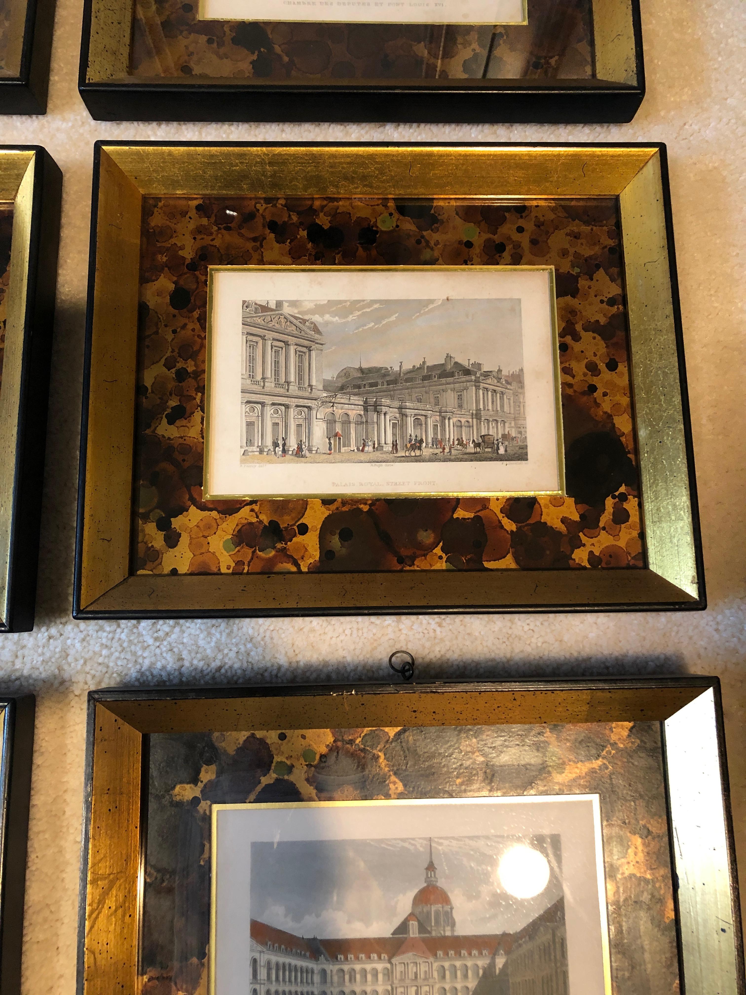 A rare set of 14 French 19th century hand colored architectural bookplate engravings of various French buildings such as the Palais de Justice, Fontainebleau, and The Cathedral Angouleme. Handsome top of the line framing includes conforming double