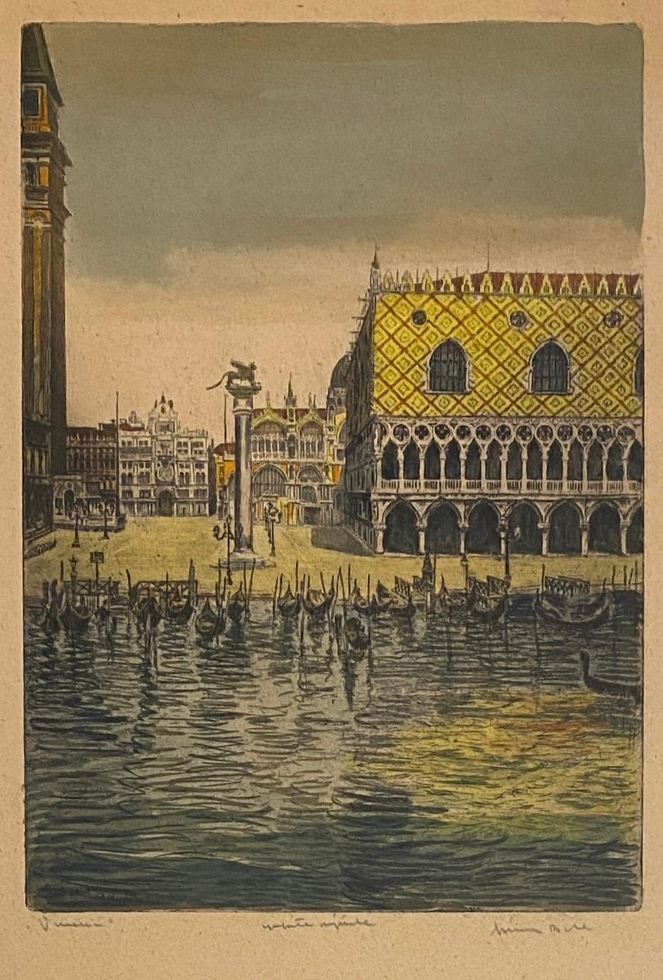 Farbige Radierung Venedig Italien Dogenpalast, 
Farbige Radierung nach Art von Canaletto des ungarischen Künstlers Bela Szikiay, signiert mit Bleistift, um 1930. 

Signiert Beeindruckende Art Deco Zeitraum Jahrhundert Venedig Italien Original
