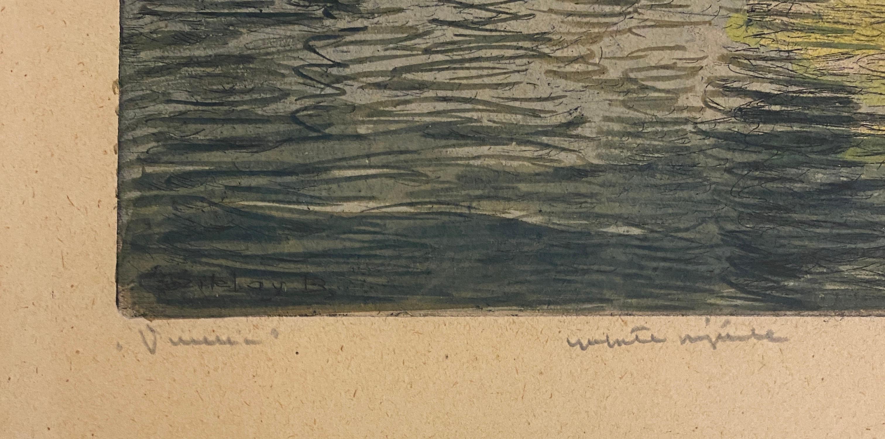 Beeindruckende kolorierte Radierung Venedig Italien Dogenpalast Art von Canaletto, signiert (Art déco) im Angebot