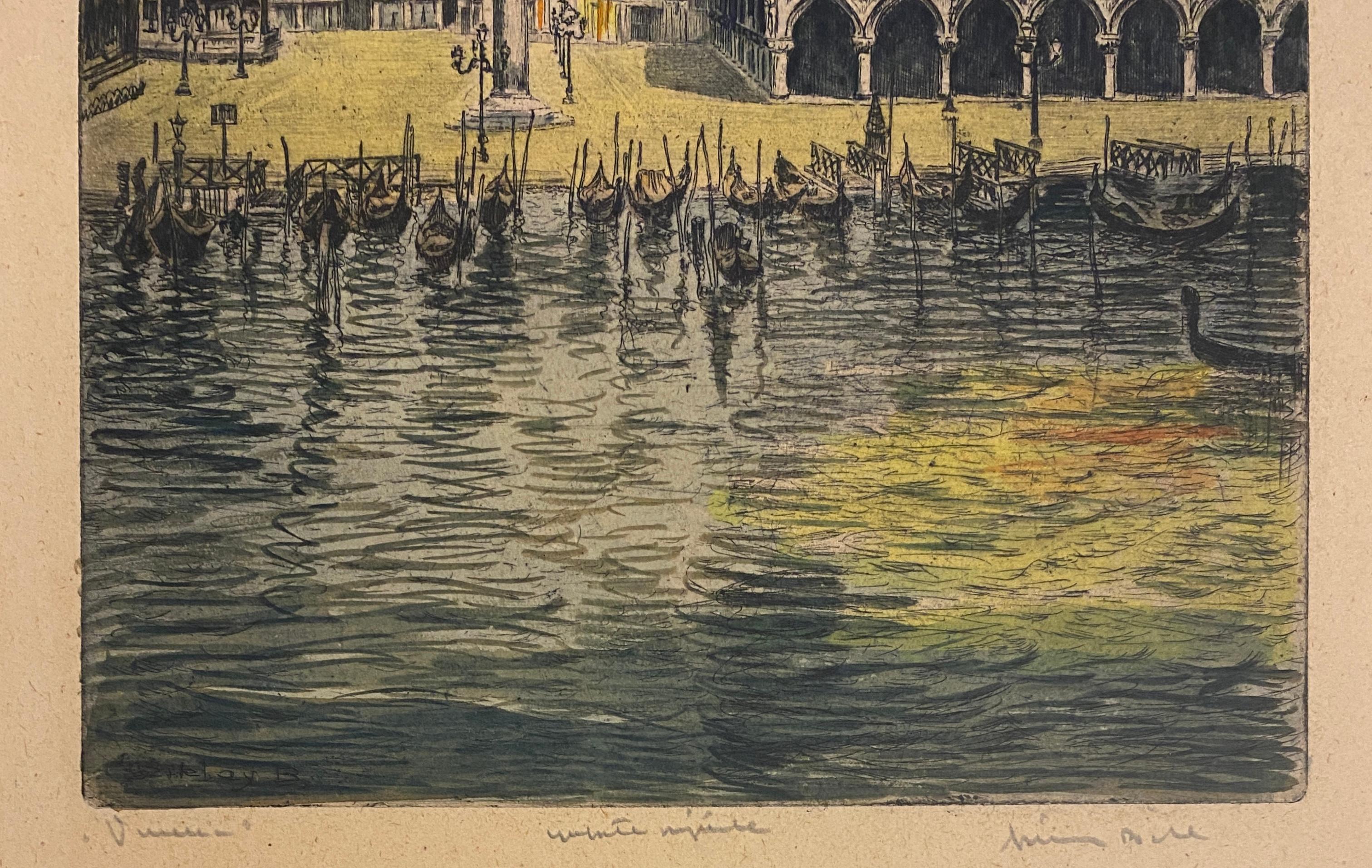 Beeindruckende kolorierte Radierung Venedig Italien Dogenpalast Art von Canaletto, signiert (Radiert) im Angebot