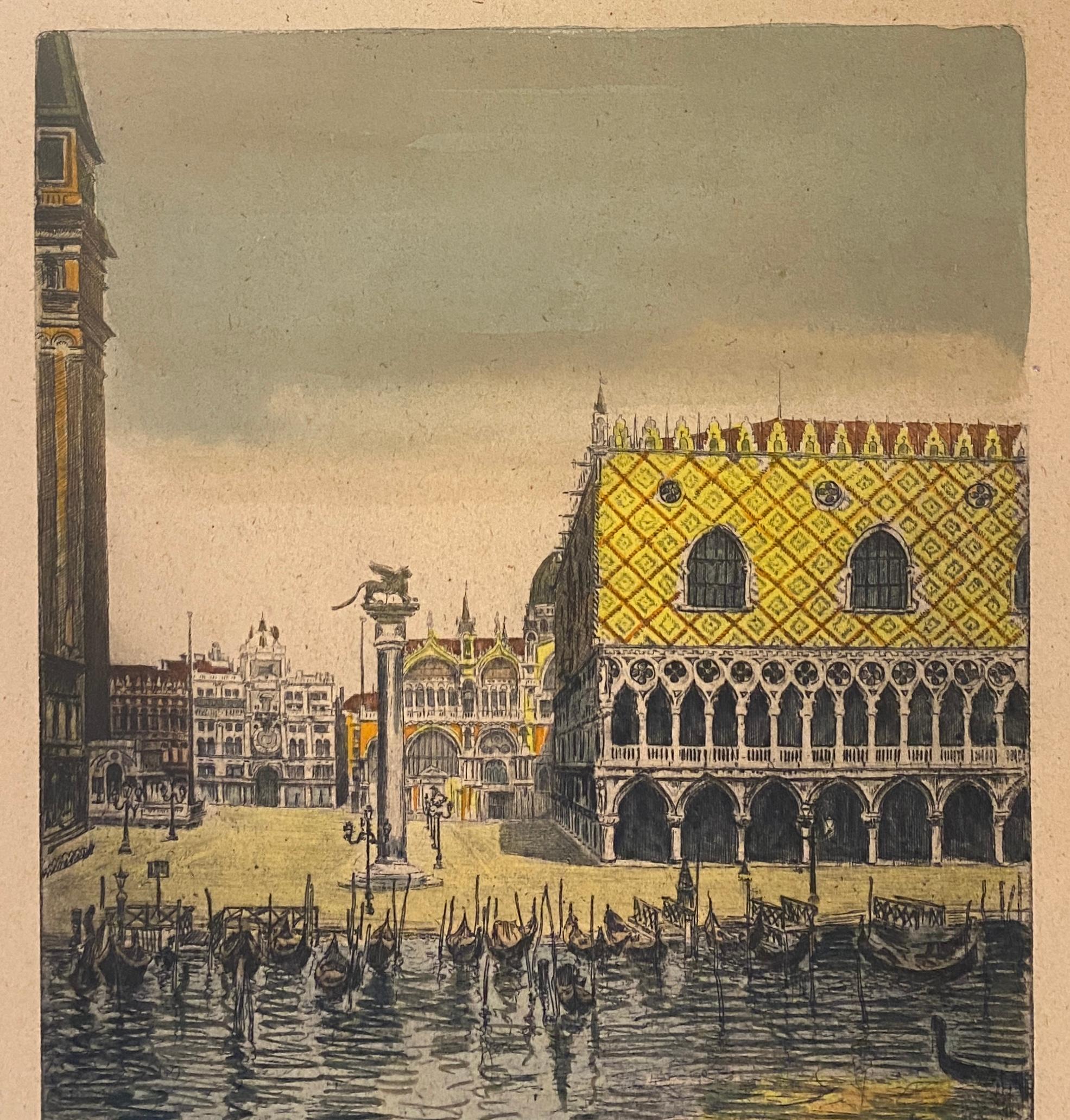 Beeindruckende kolorierte Radierung Venedig Italien Dogenpalast Art von Canaletto, signiert im Zustand „Gut“ im Angebot in Miami, FL