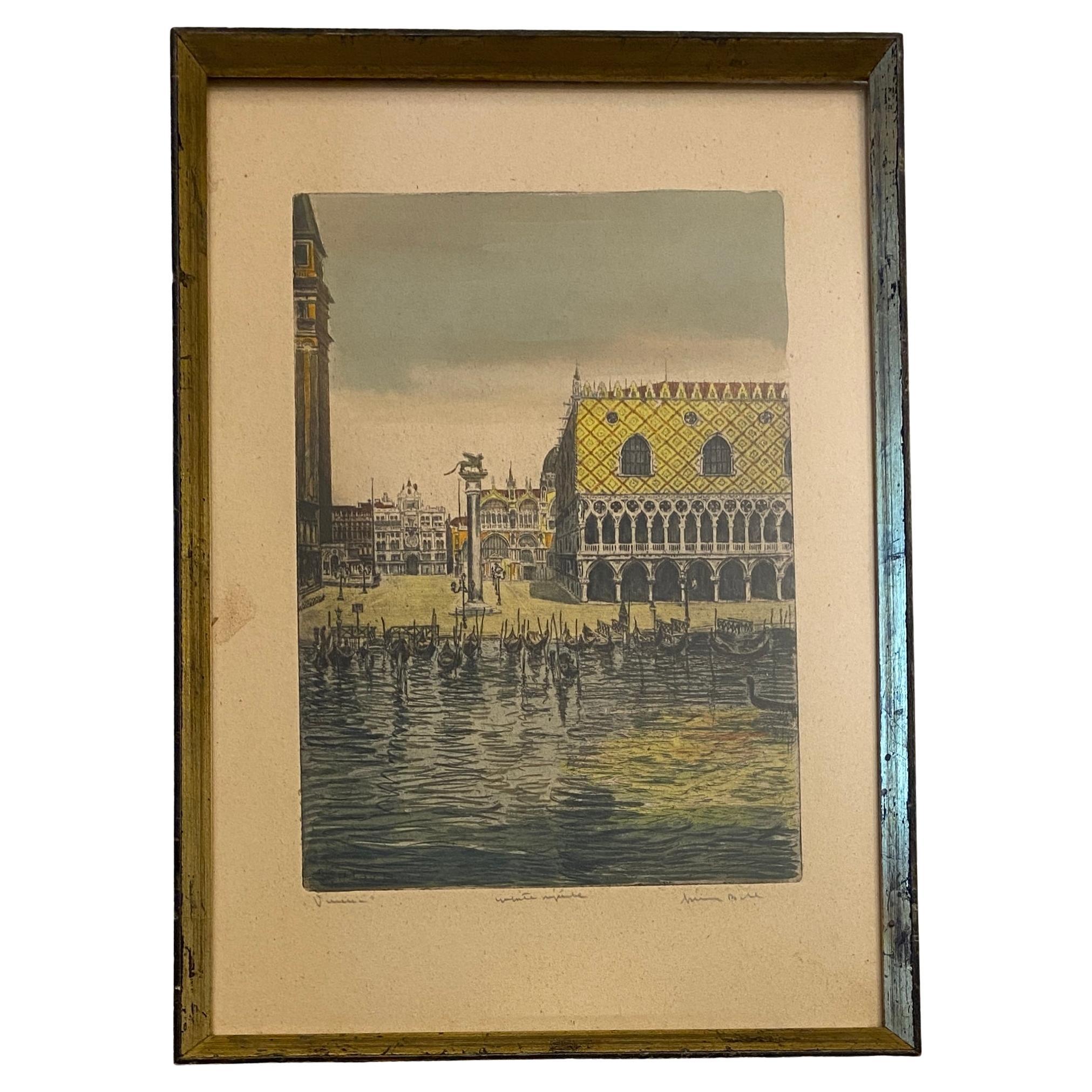 Impressionnante eau-forte colorée Venise Italie Palais des Doges à la manière de Canaletto, signée