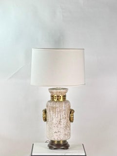 Impressive Crackled Cream and Gilt Glazed Ceramic Lamp with Custom Linen Shade