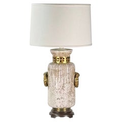 Impressive Crackled Cream and Gilt Glazed Ceramic Lamp with Custom Linen Shade