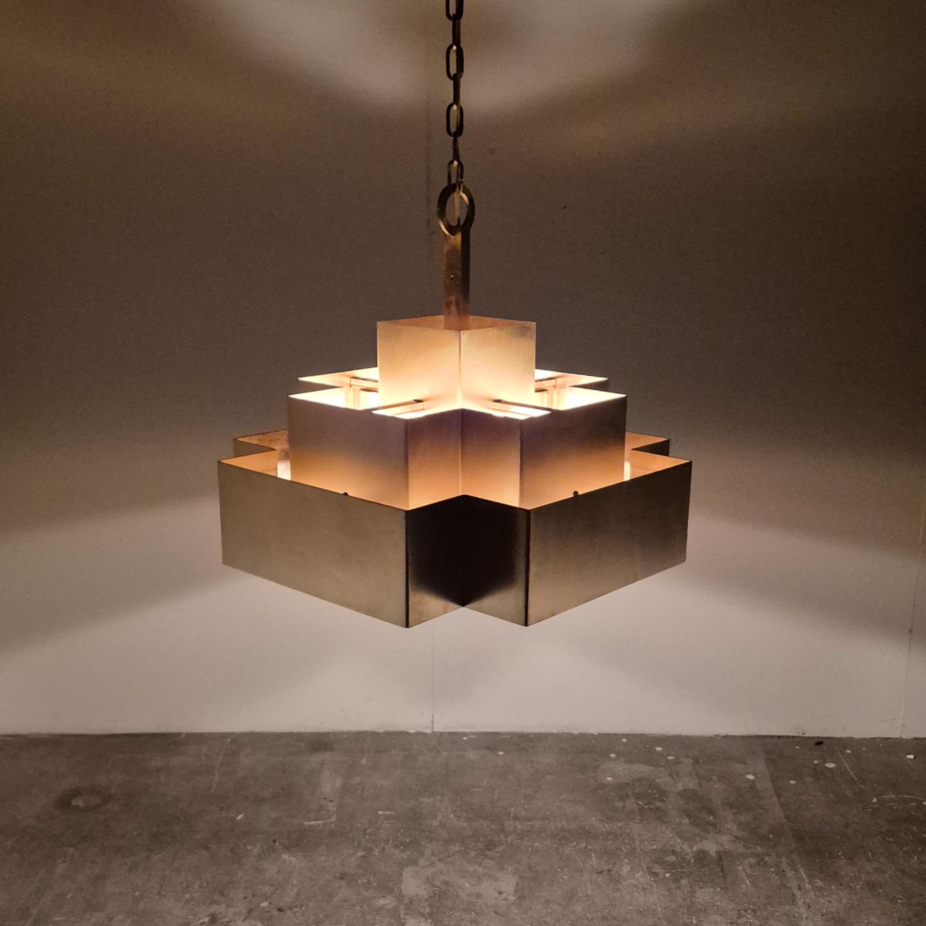 Brutalist Impressive cubist chandelier made from copper, Germany 1960s For Sale