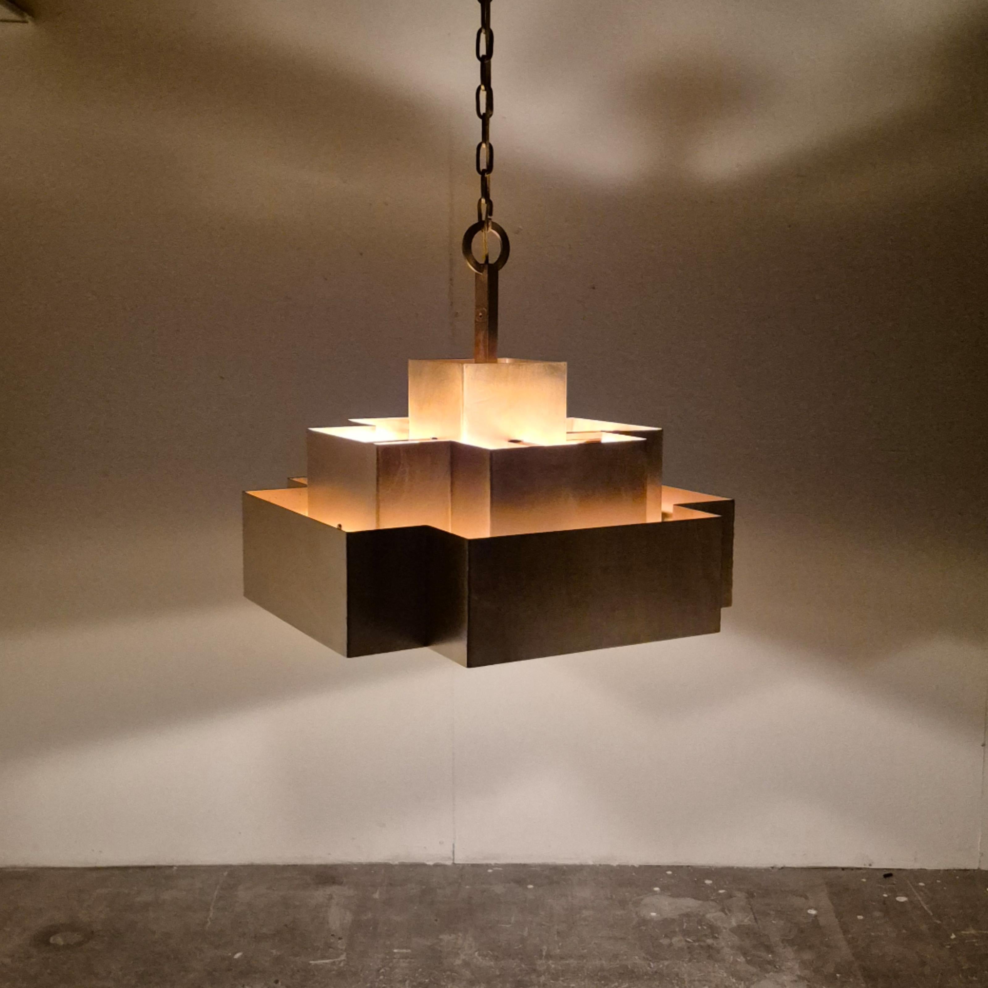 Forged Impressive cubist chandelier made from copper, Germany 1960s For Sale