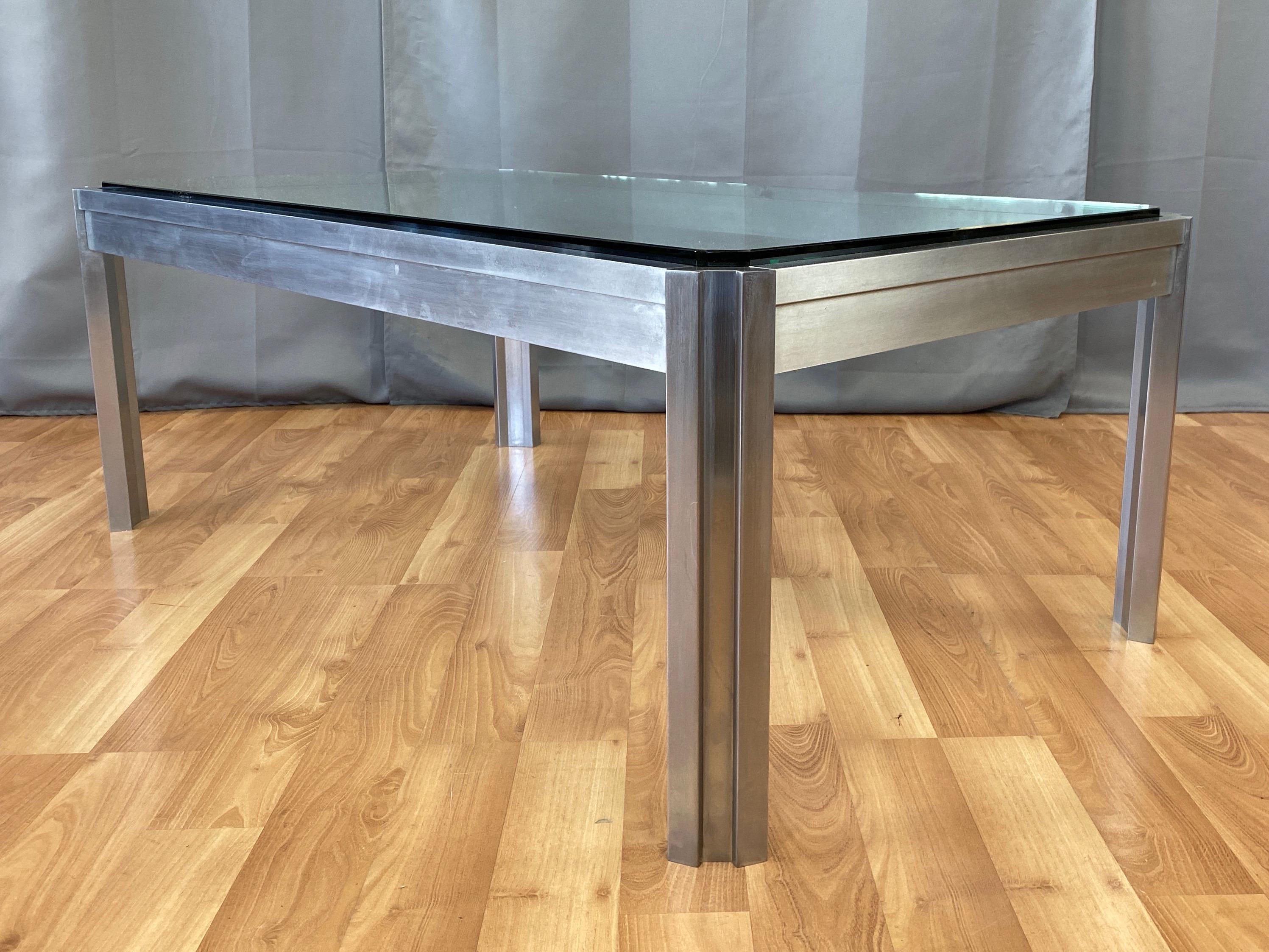 Brushed Impressive Custom Fabricated Stainless Steel and Glass Coffee Table, 1970s