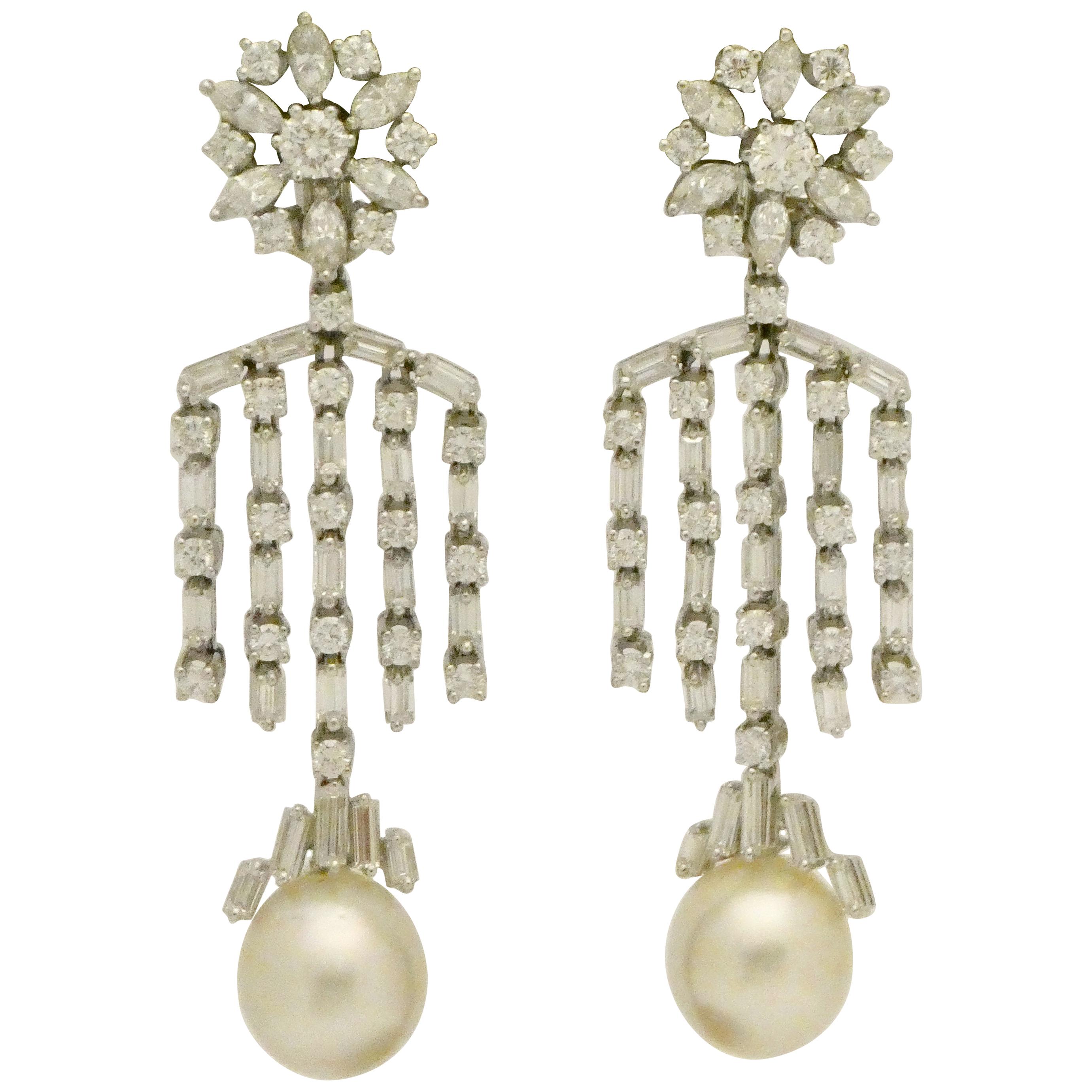 Impressive Dangle Chandelier South Sea Pearl and Diamond Earrings