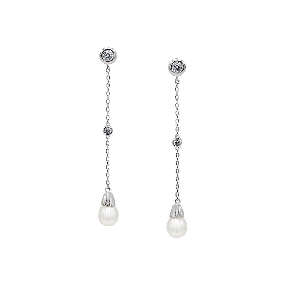 Modern Impressive Dangle Pearl Zirconia White Gold Earrings For Sale