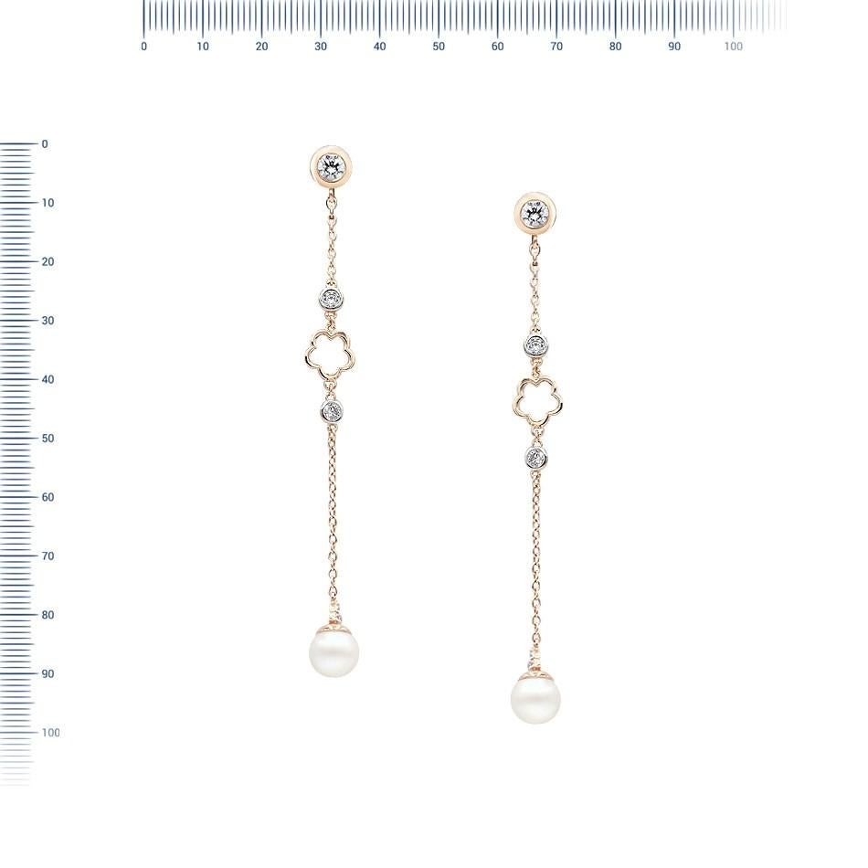 Round Cut Impressive Dangle Pearl Zirconia Yellow Gold Earrings For Sale
