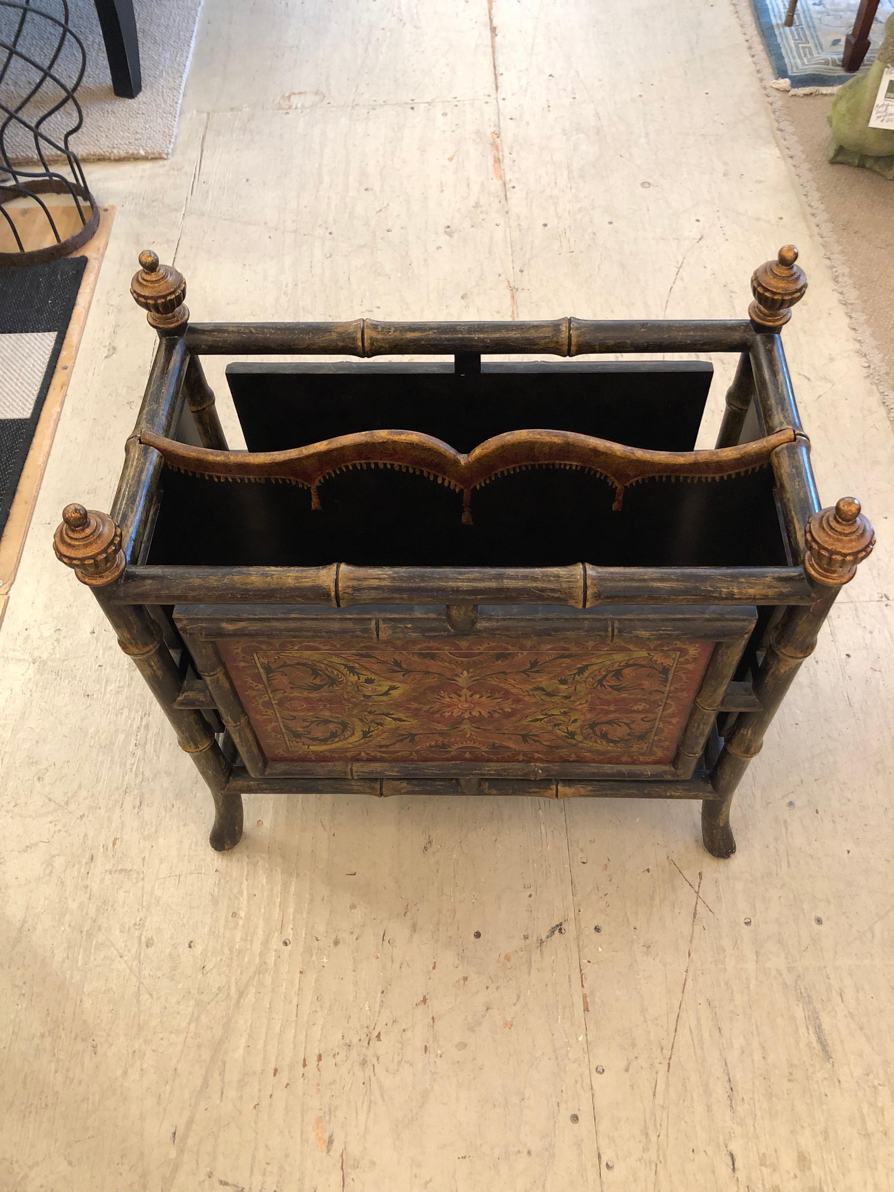 Philippine Impressive Decorative Carved and Painted Faux Bamboo and Wood Magazine Rack