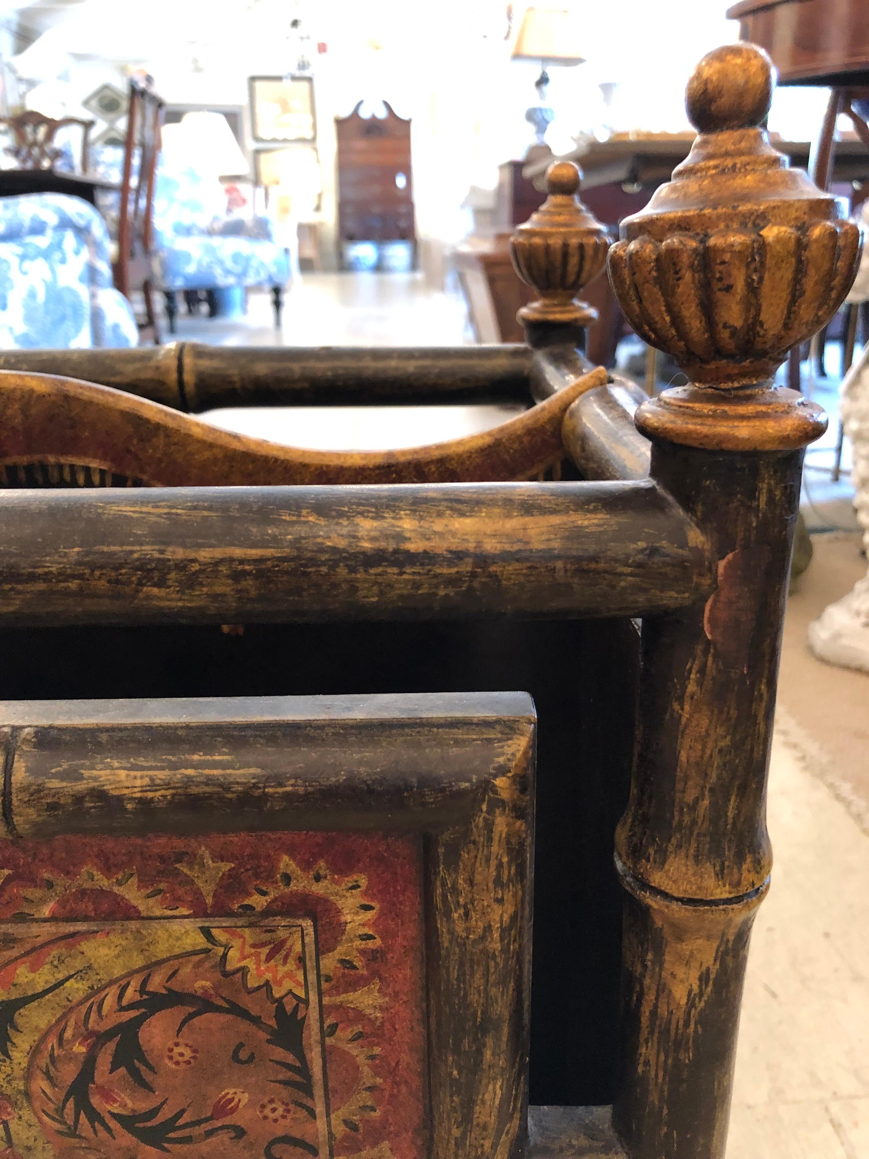 Impressive Decorative Carved and Painted Faux Bamboo and Wood Magazine Rack In Good Condition In Hopewell, NJ