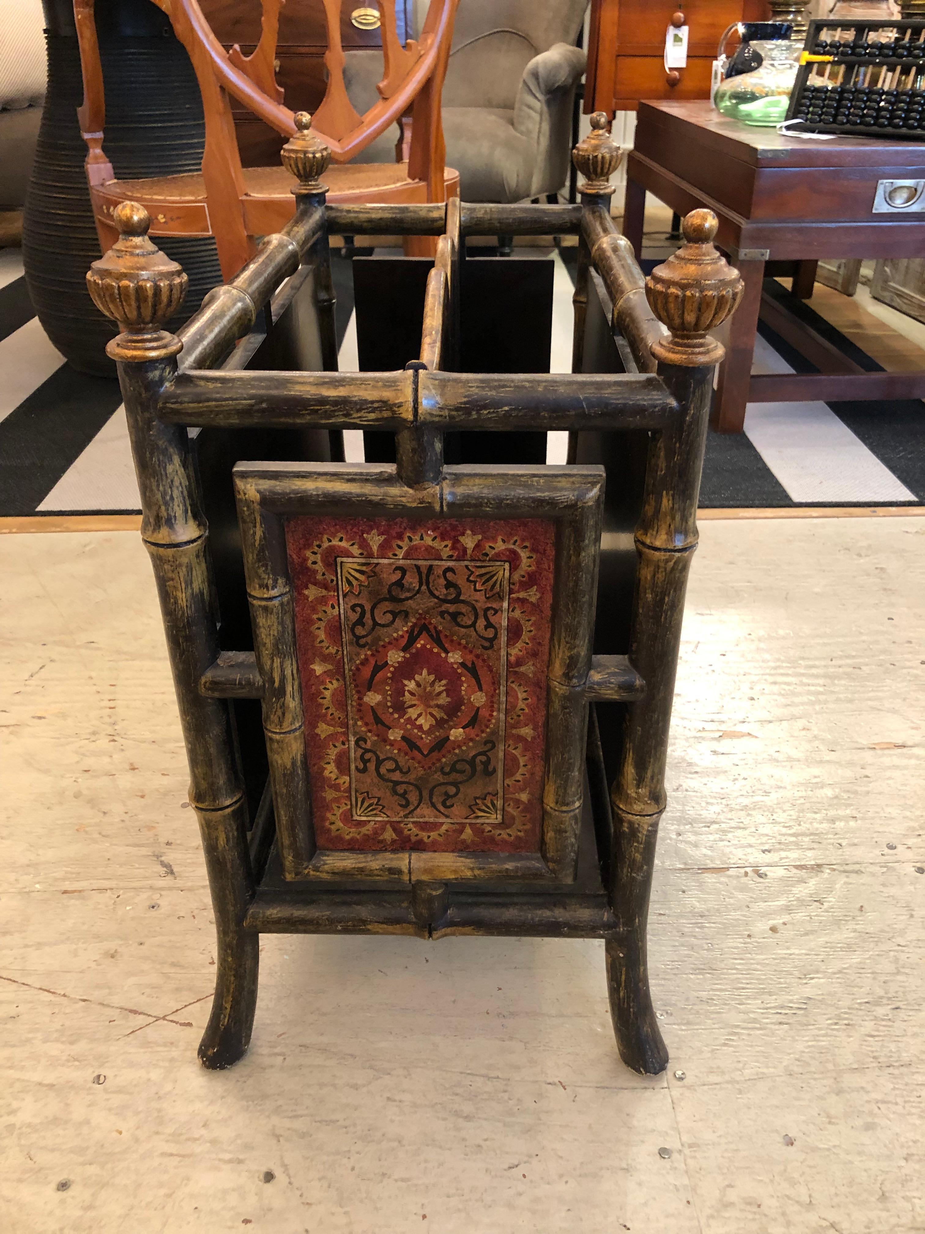 Late 20th Century Impressive Decorative Carved and Painted Faux Bamboo and Wood Magazine Rack