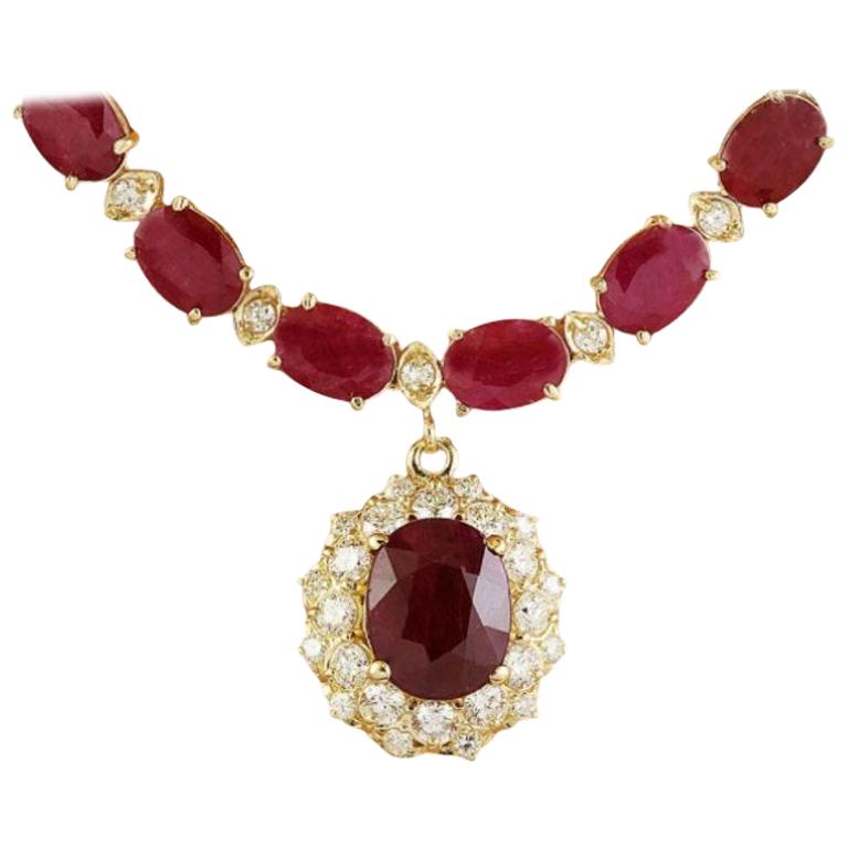 Impressionnant collier à pendentifs en or jaune 18 carats avec diamants et rubis pour elle