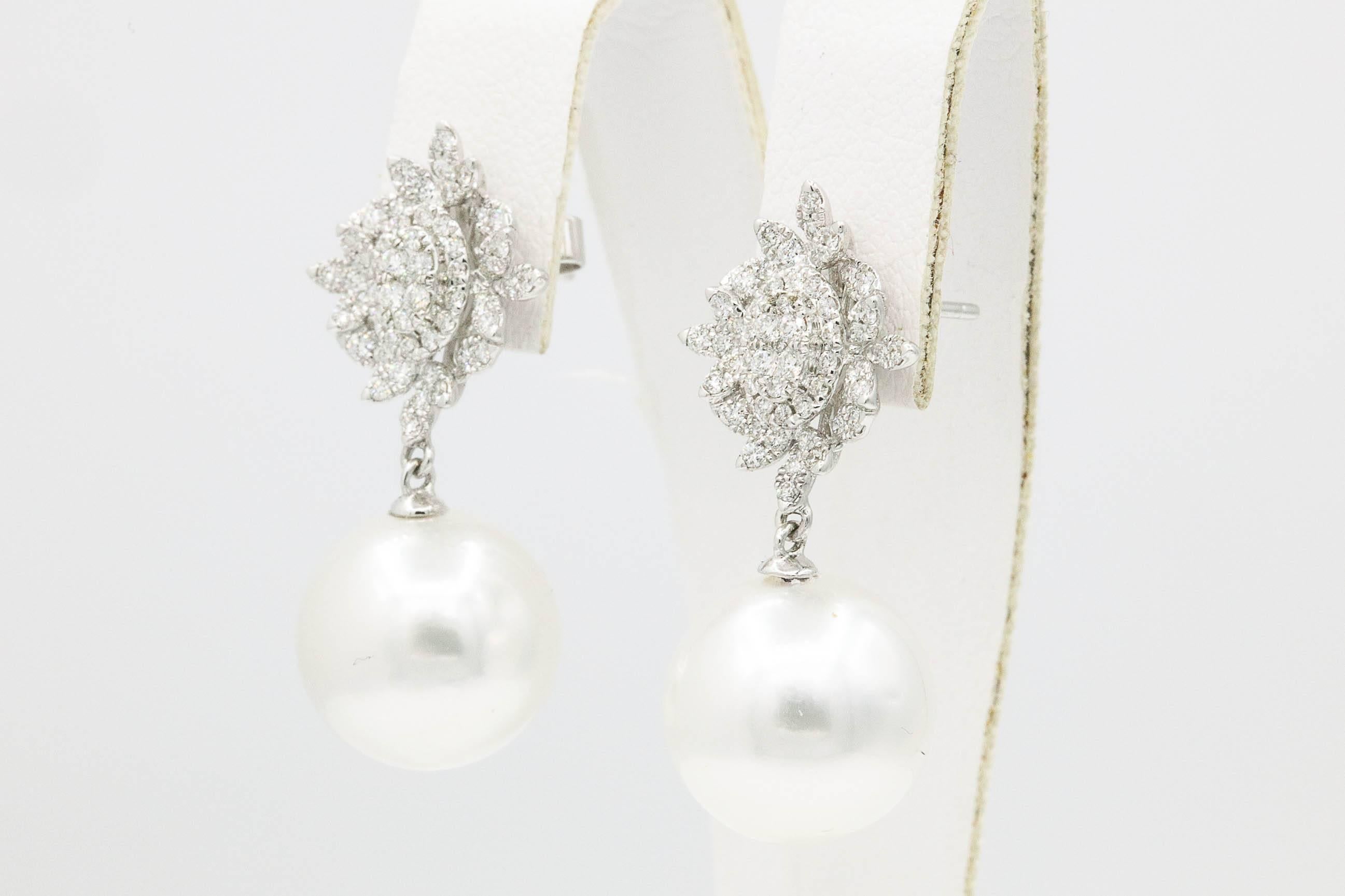 Contemporary Impressive Diamond Cluster Dangle Pearl Earrings