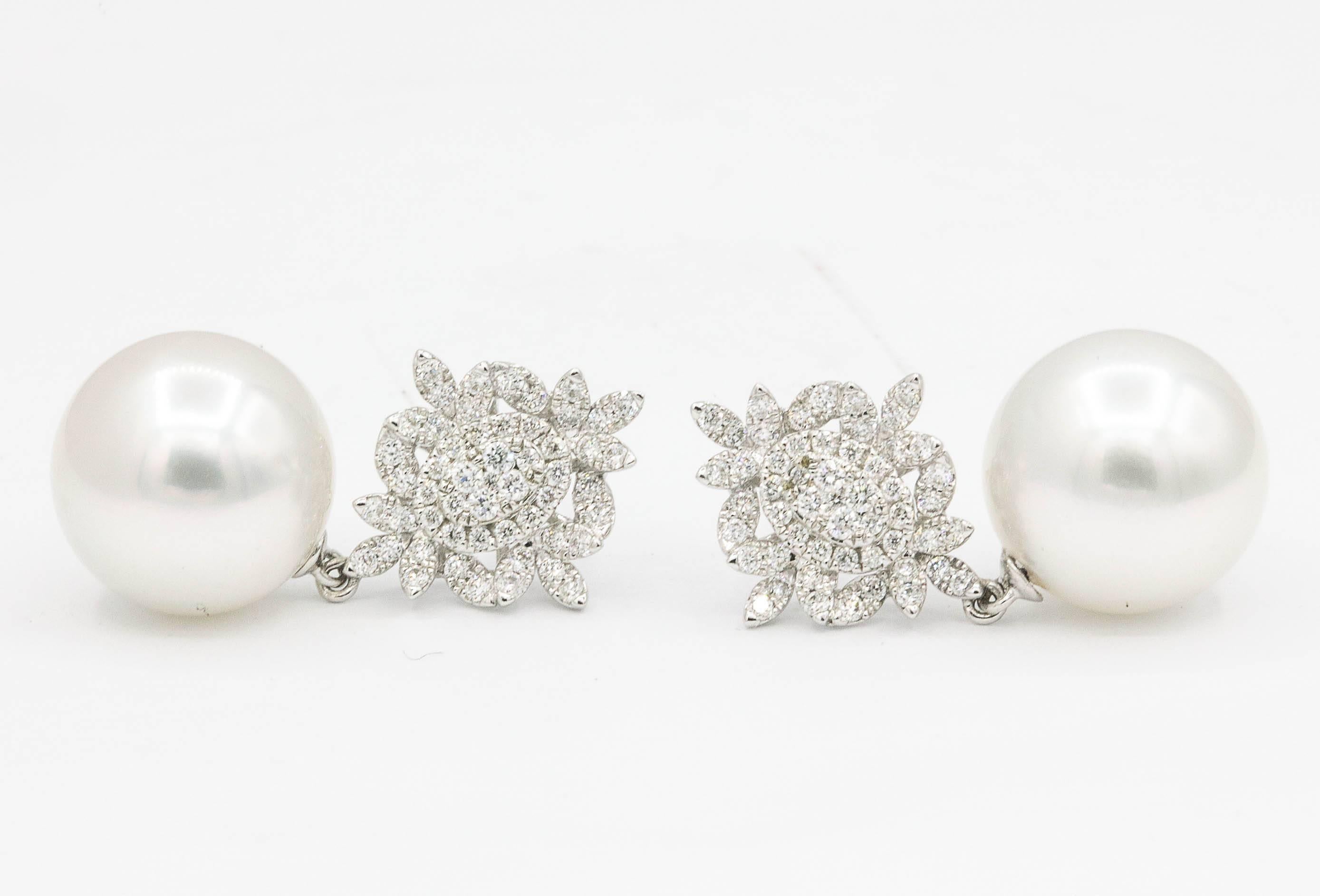 Round Cut HARBOR D. South Sea Pearl Diamond Cluster Drop Earrings 0.80 Carats 18K  For Sale