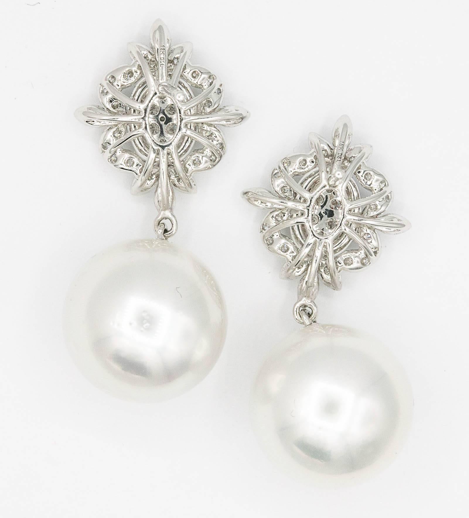 Impressive Diamond Cluster Dangle Pearl Earrings In New Condition In New York, NY