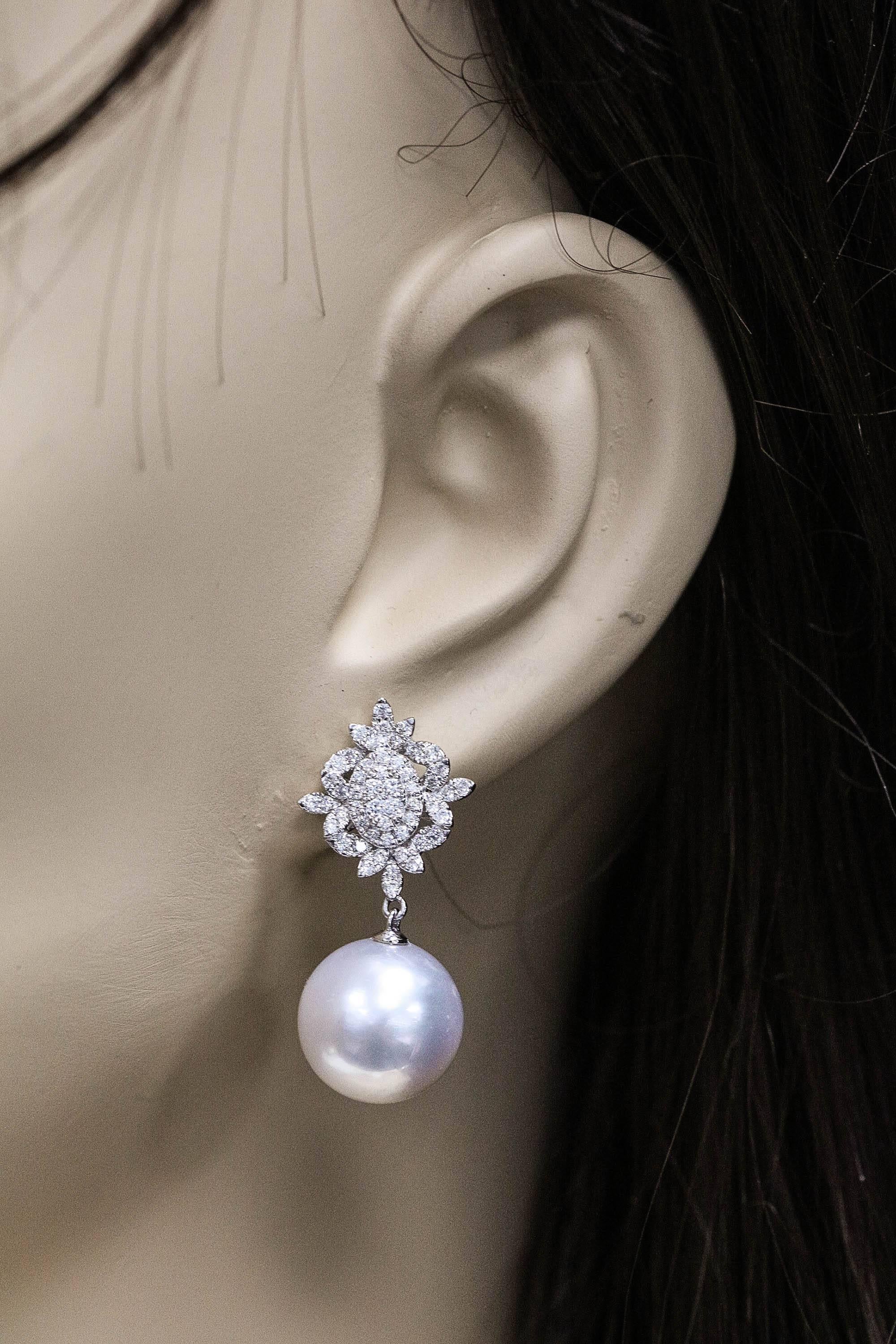 Women's HARBOR D. South Sea Pearl Diamond Cluster Drop Earrings 0.80 Carats 18K  For Sale