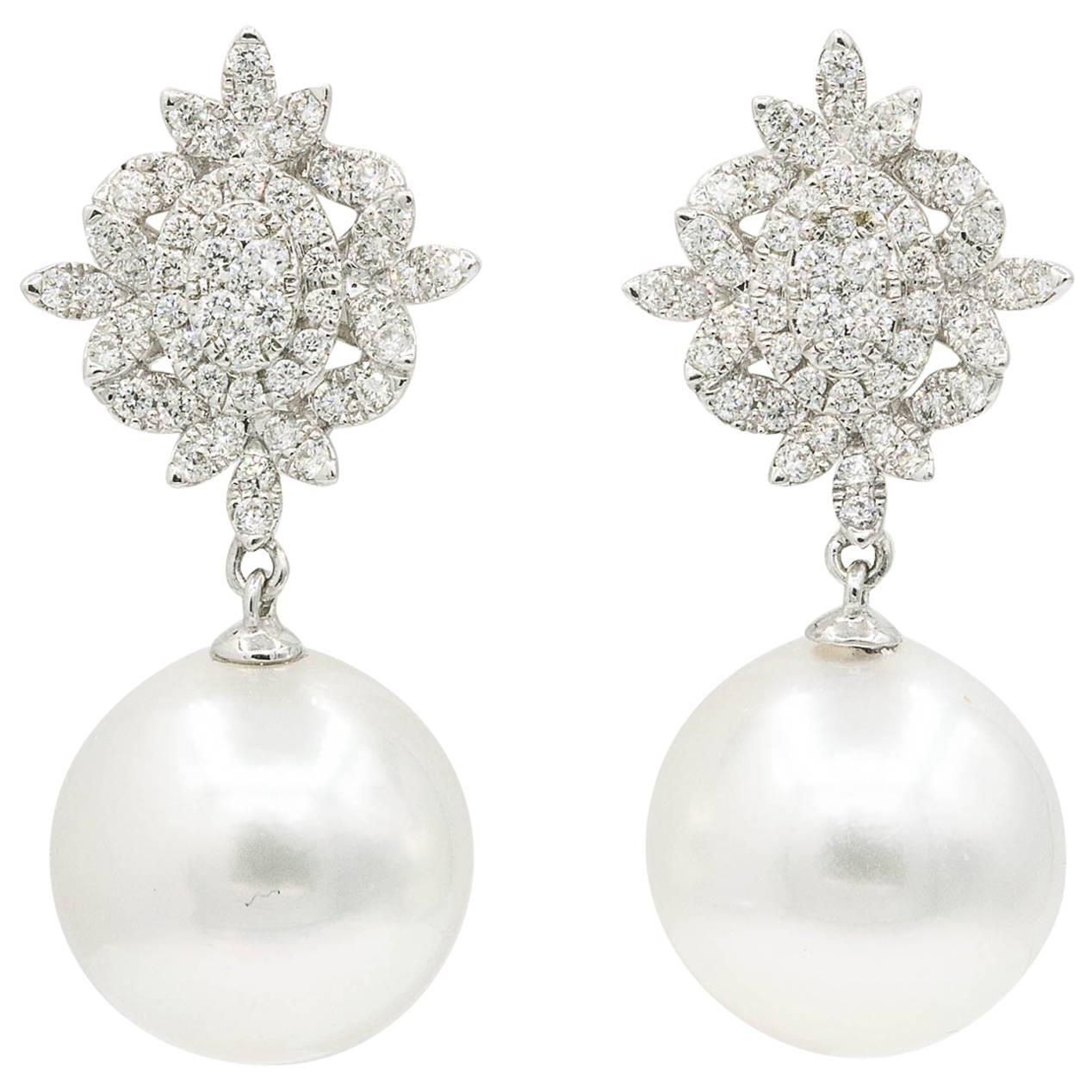 Impressive Diamond Cluster Dangle Pearl Earrings