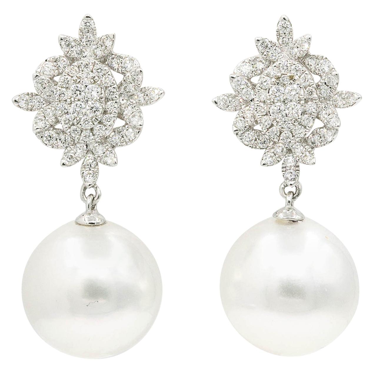 HARBOR D. South Sea Pearl Diamond Cluster Drop Earrings 0.80 Carats 18K