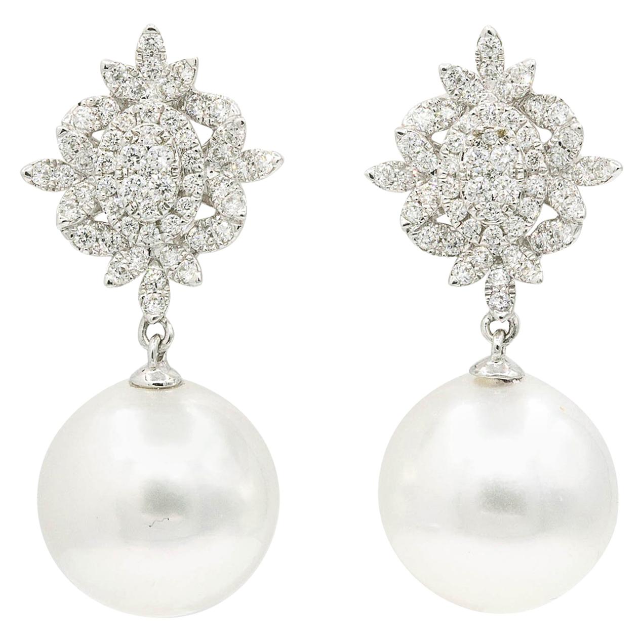 HARBOR D. South Sea Pearl Diamond Cluster Drop Earrings 0.80 Carats 18K  For Sale