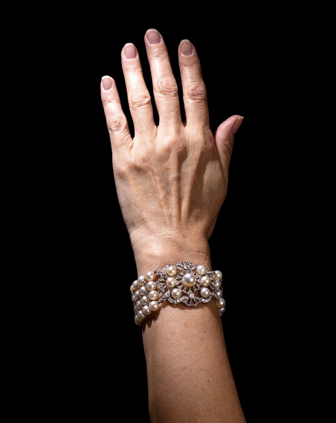 Brilliant Cut Impressive Diamond & Pearl Bracelet Set in Platinum Retailed by David R. Balogh For Sale