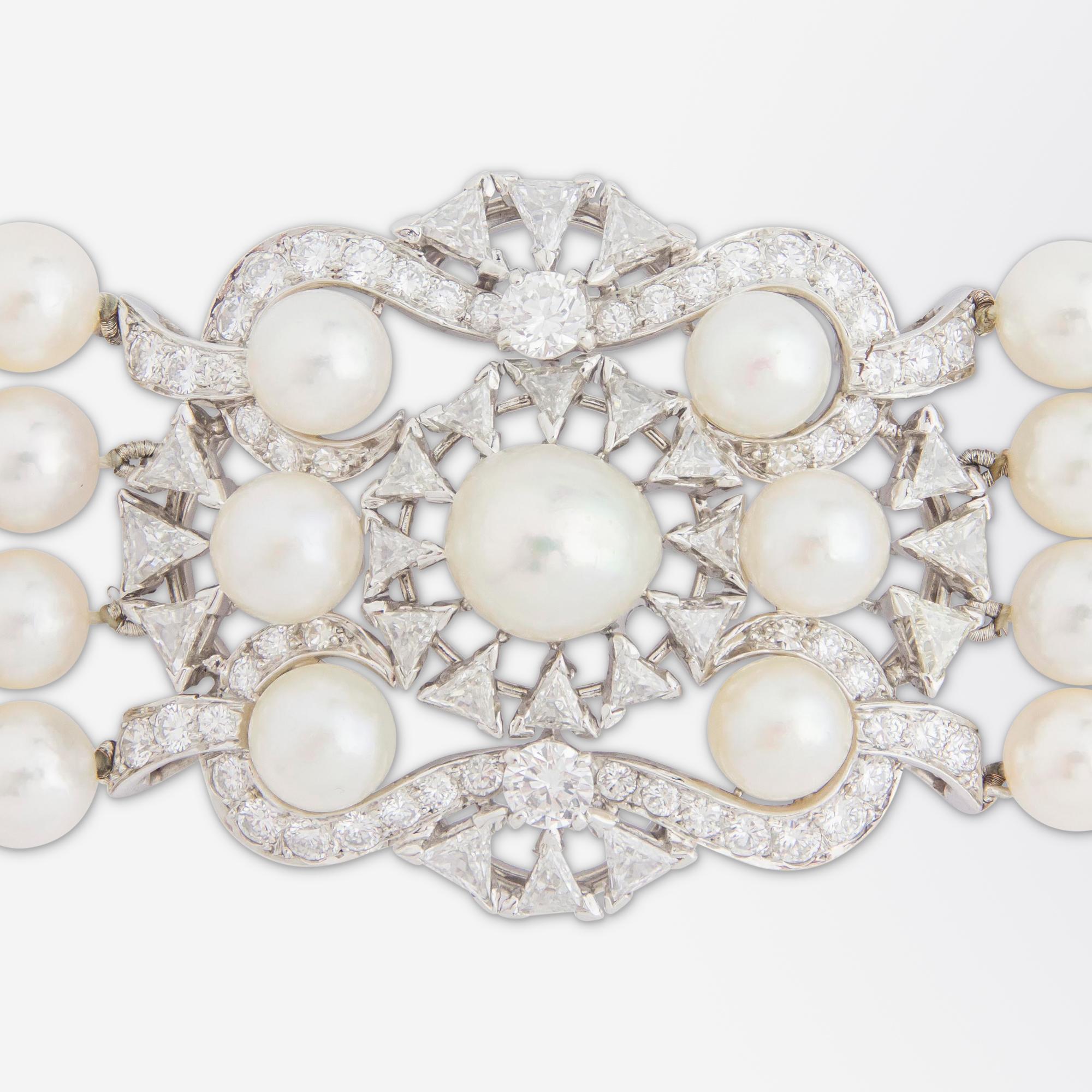 Women's or Men's Impressive Diamond & Pearl Bracelet Set in Platinum Retailed by David R. Balogh For Sale