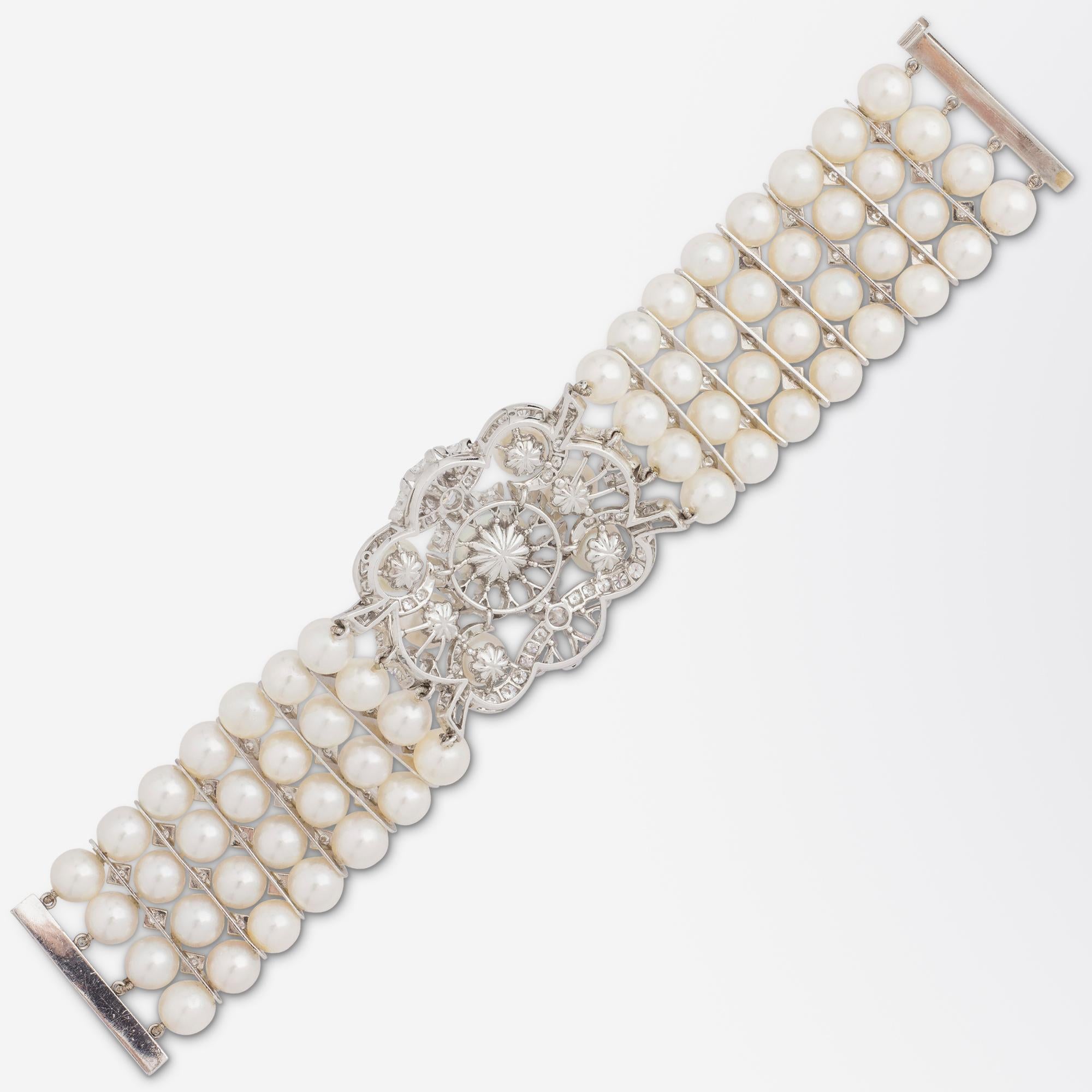 Impressive Diamond & Pearl Bracelet Set in Platinum Retailed by David R. Balogh For Sale 2